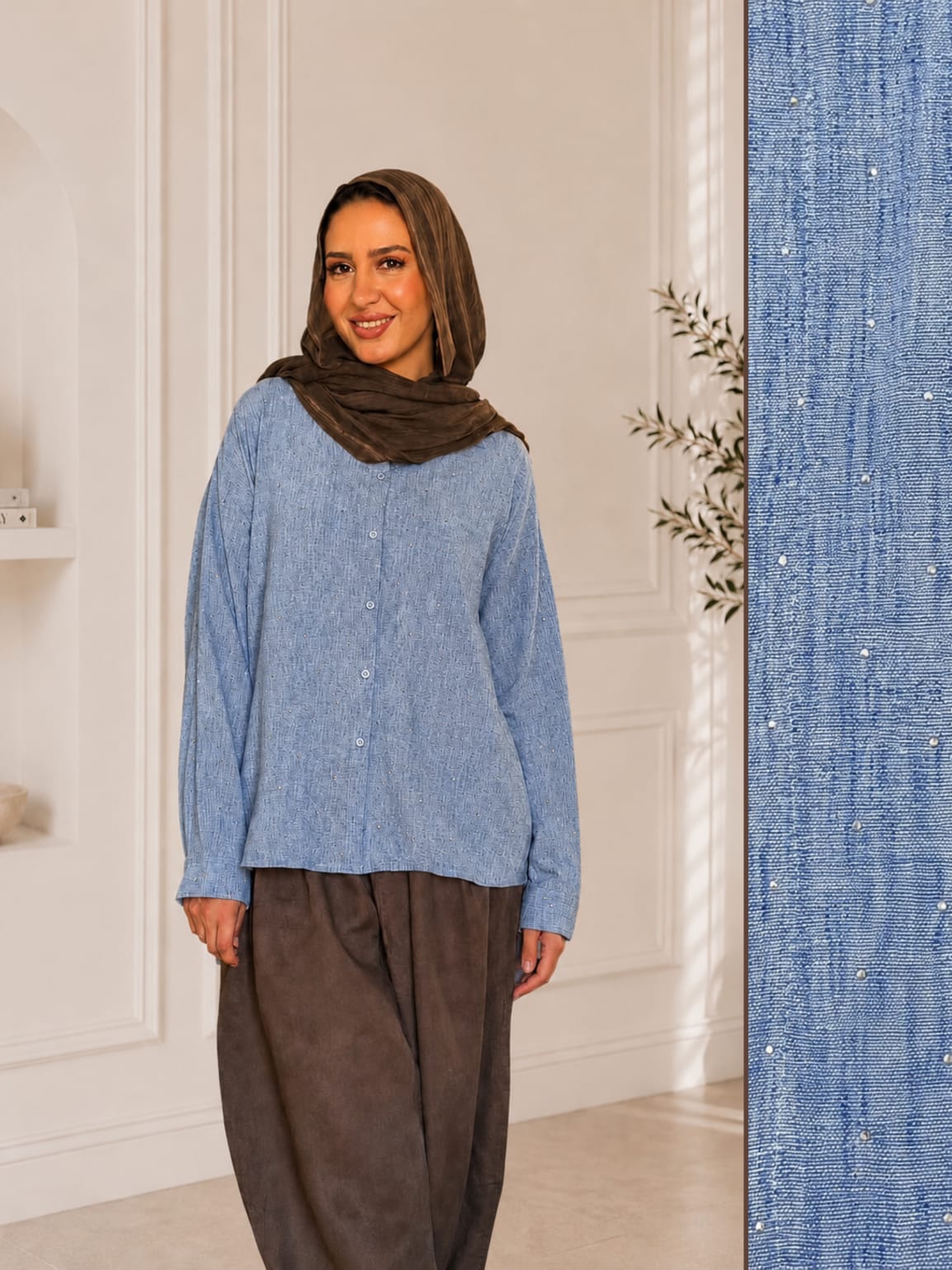 Strass Linen Shirt-Baby blue