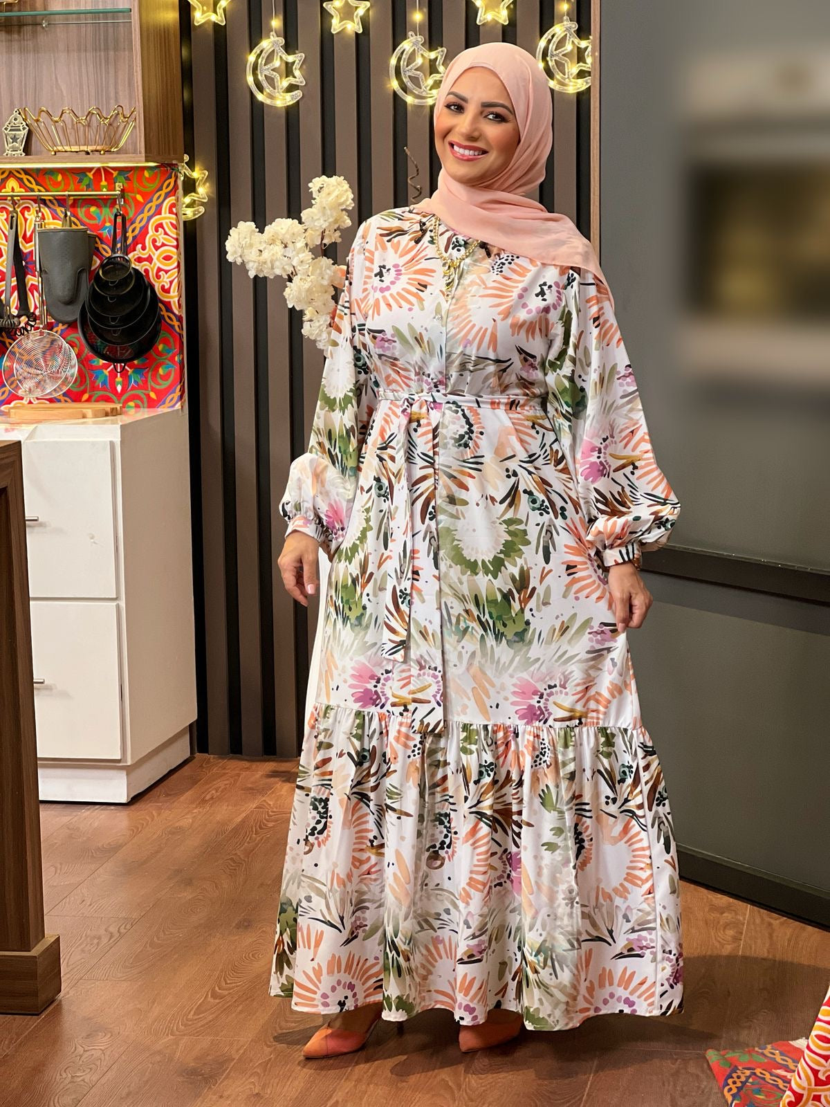 Soft Printed Dress With Long Sleeves - Olive &  Orange 