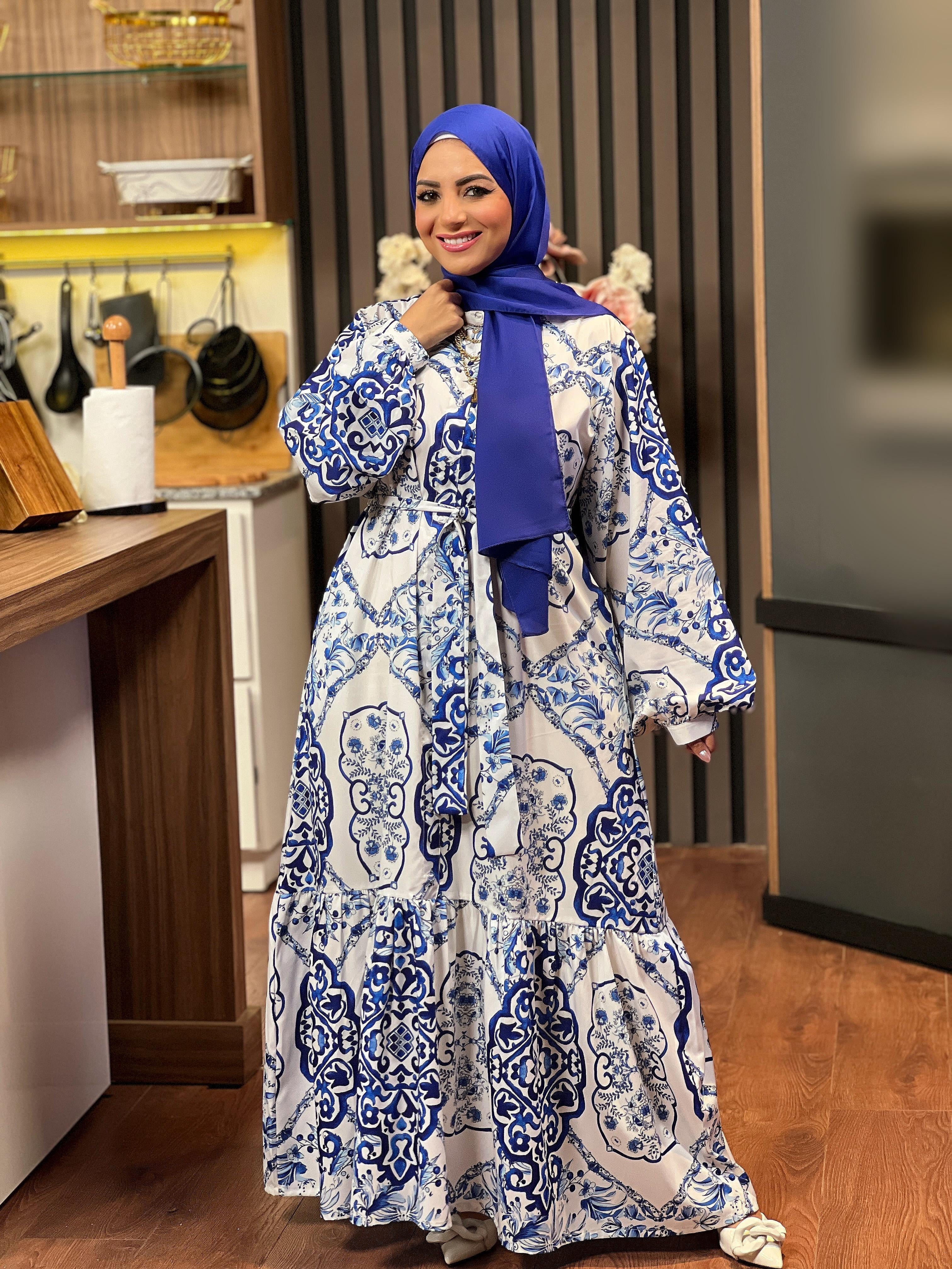 Soft Printed Dress With Long Sleeves - Blue & White