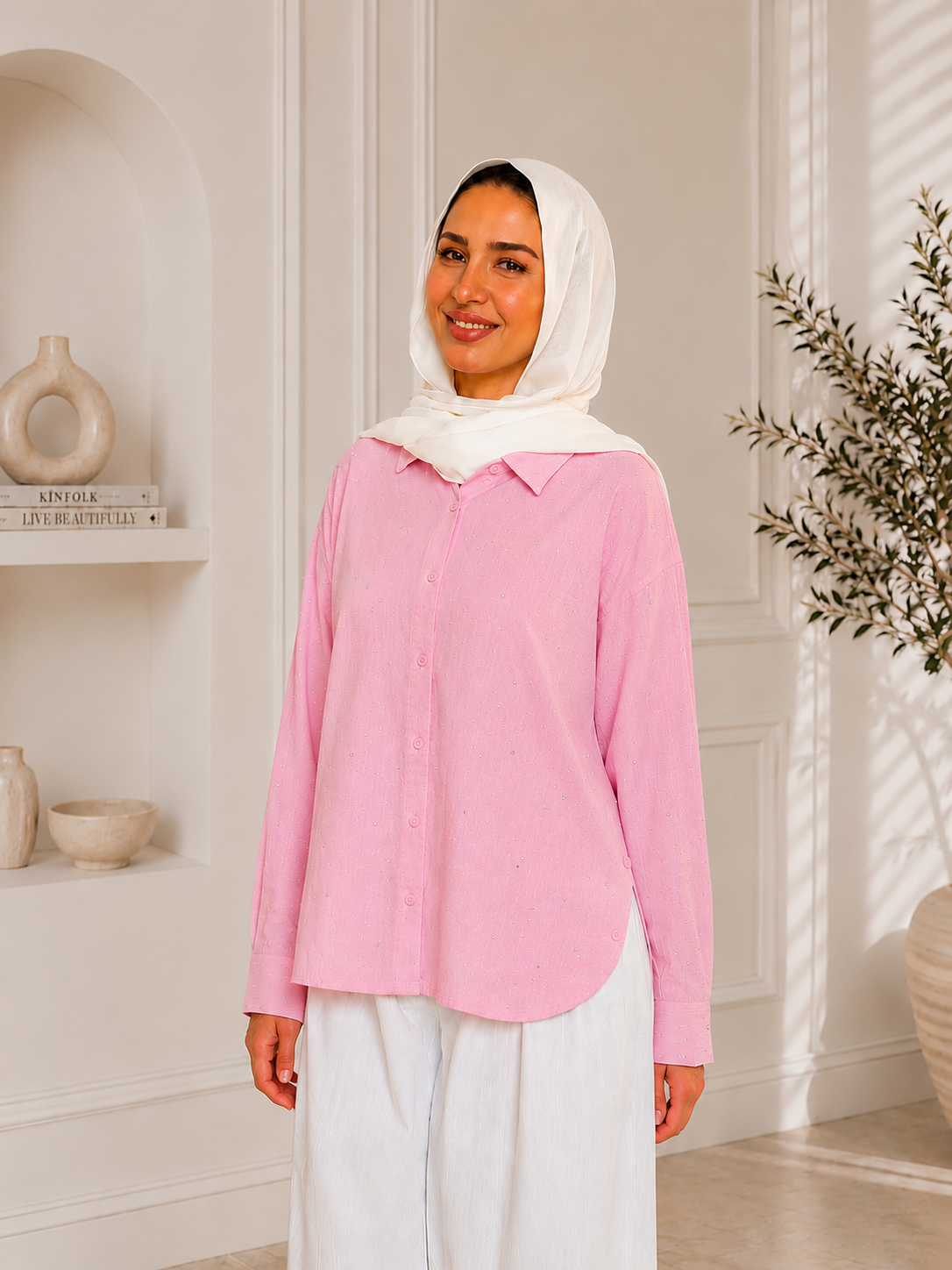 Strass Linen Shirt-Pink