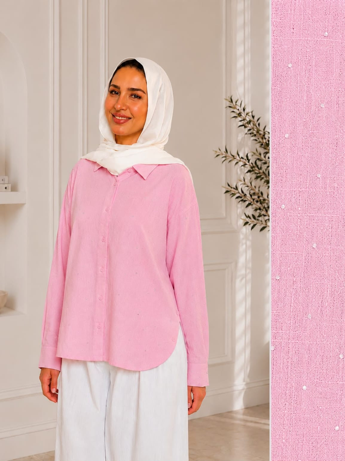 Strass Linen Shirt-Pink