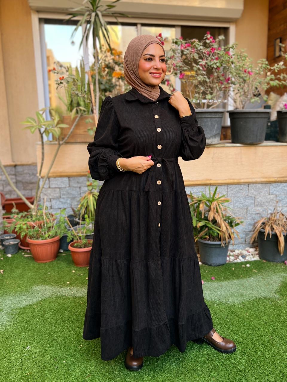 Belted corduroy dress- Black (BD04)