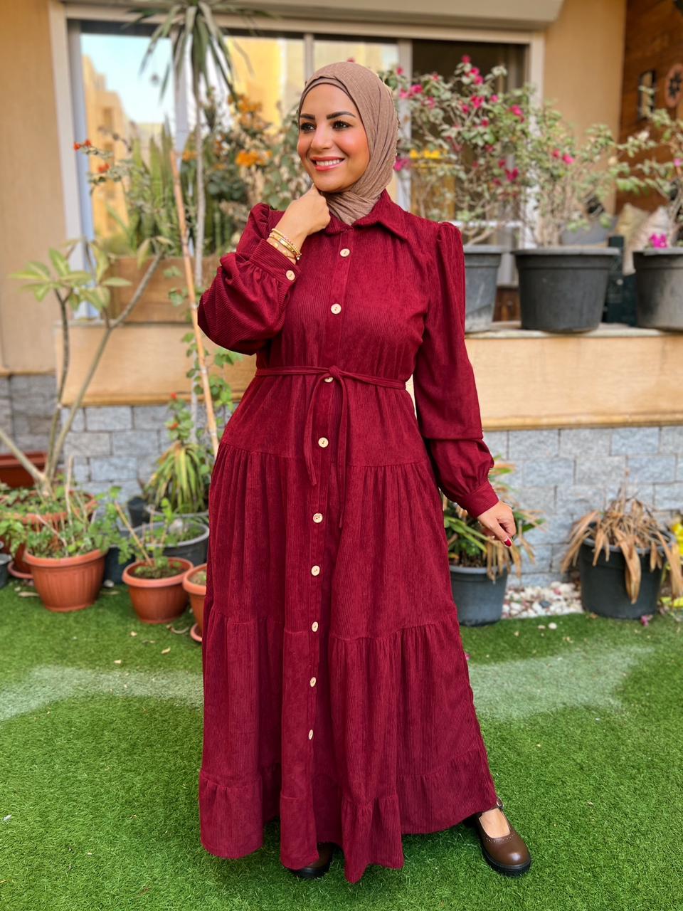 Belted corduroy dress- Burghandy (BD03)