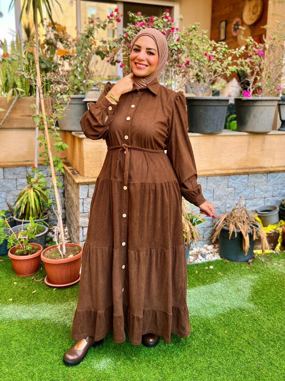 Belted corduroy dress- Brown (BD02)