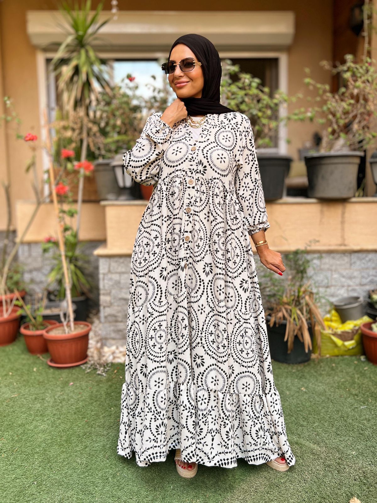 Patterned Maxi Dress-  Black