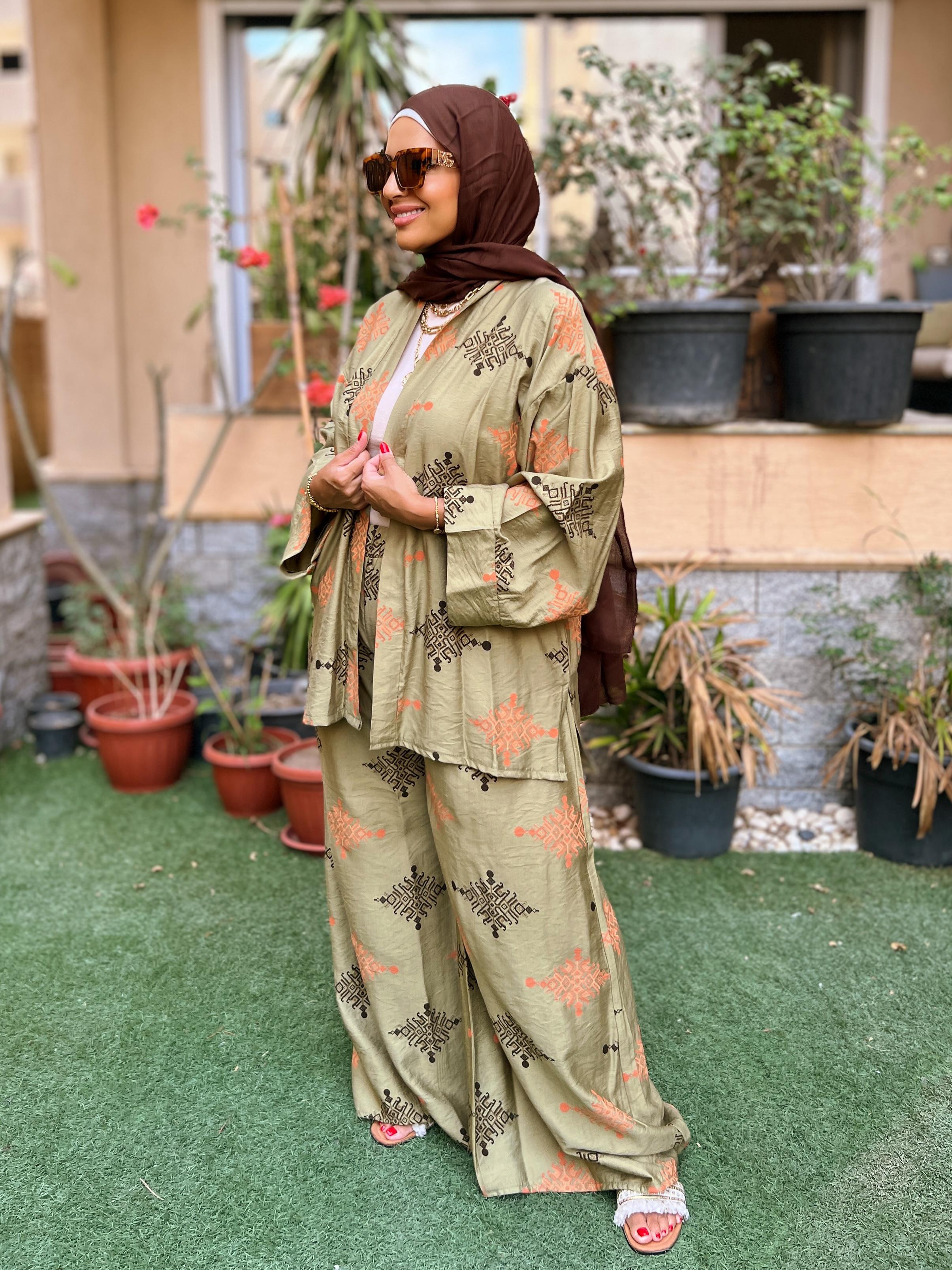 Patterned Linen Set - olive