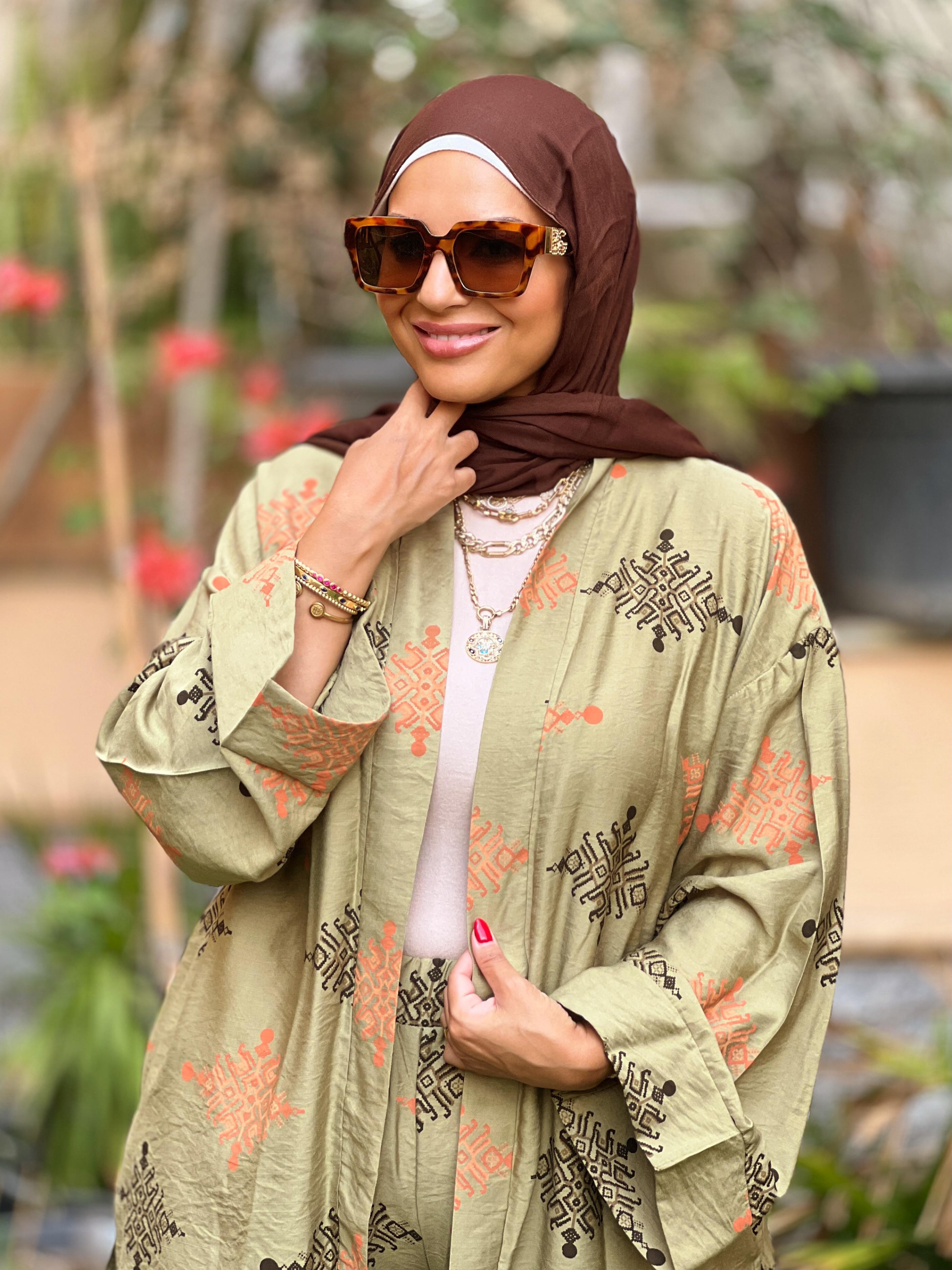 Patterned Linen Set - olive