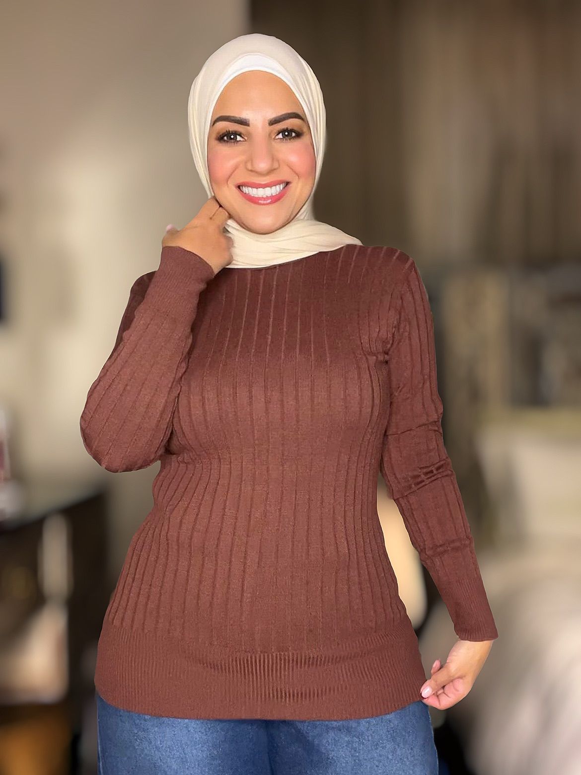 Knitted  Striped High-cool Pullover - Free Size - Brown