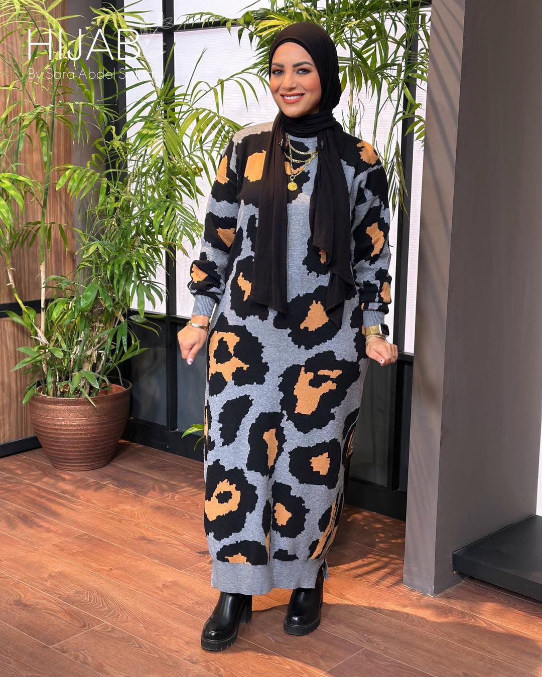 Animal Print Knitted Dress- Grey