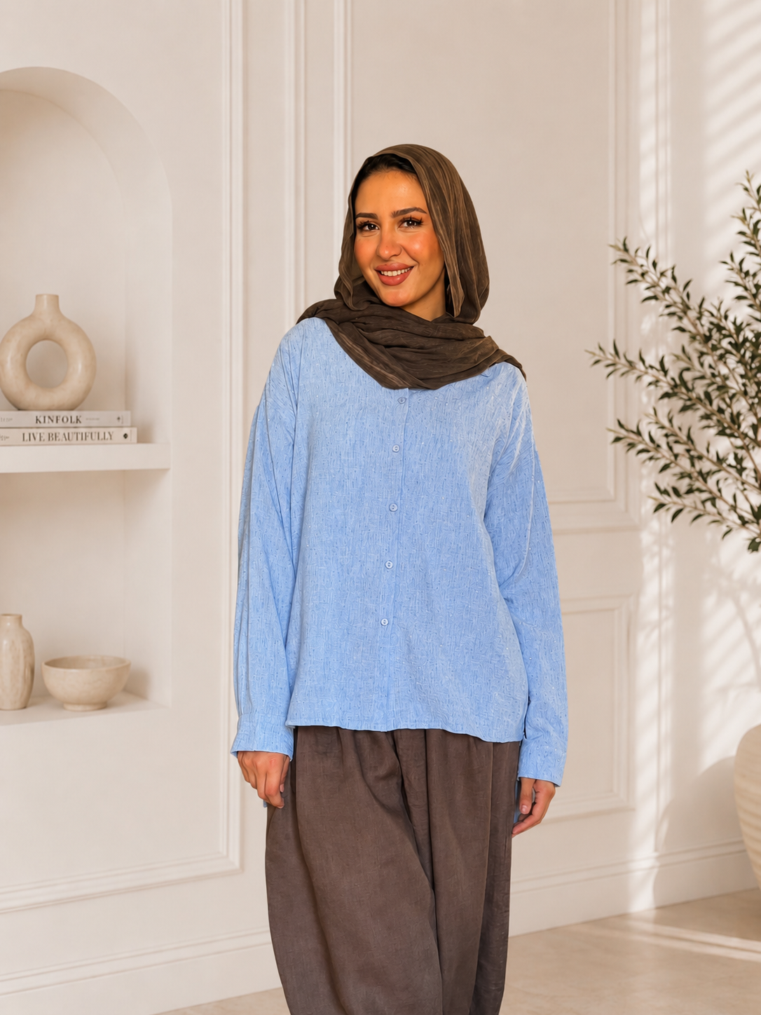 Strass Linen Shirt-Baby blue