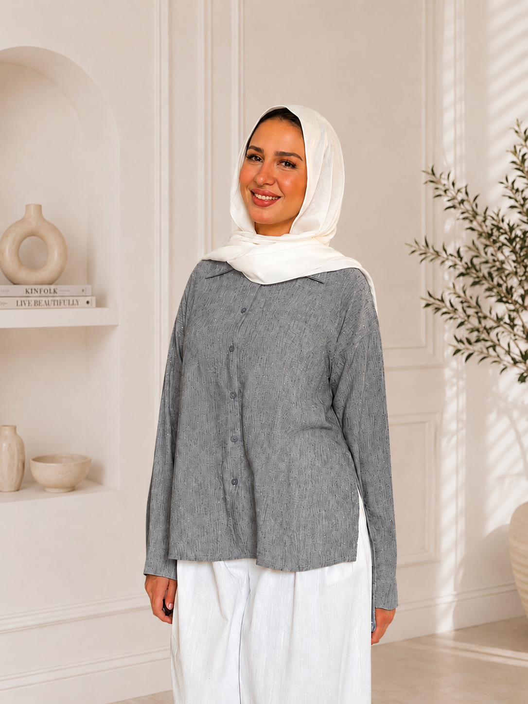 Strass Linen Shirt- Gray