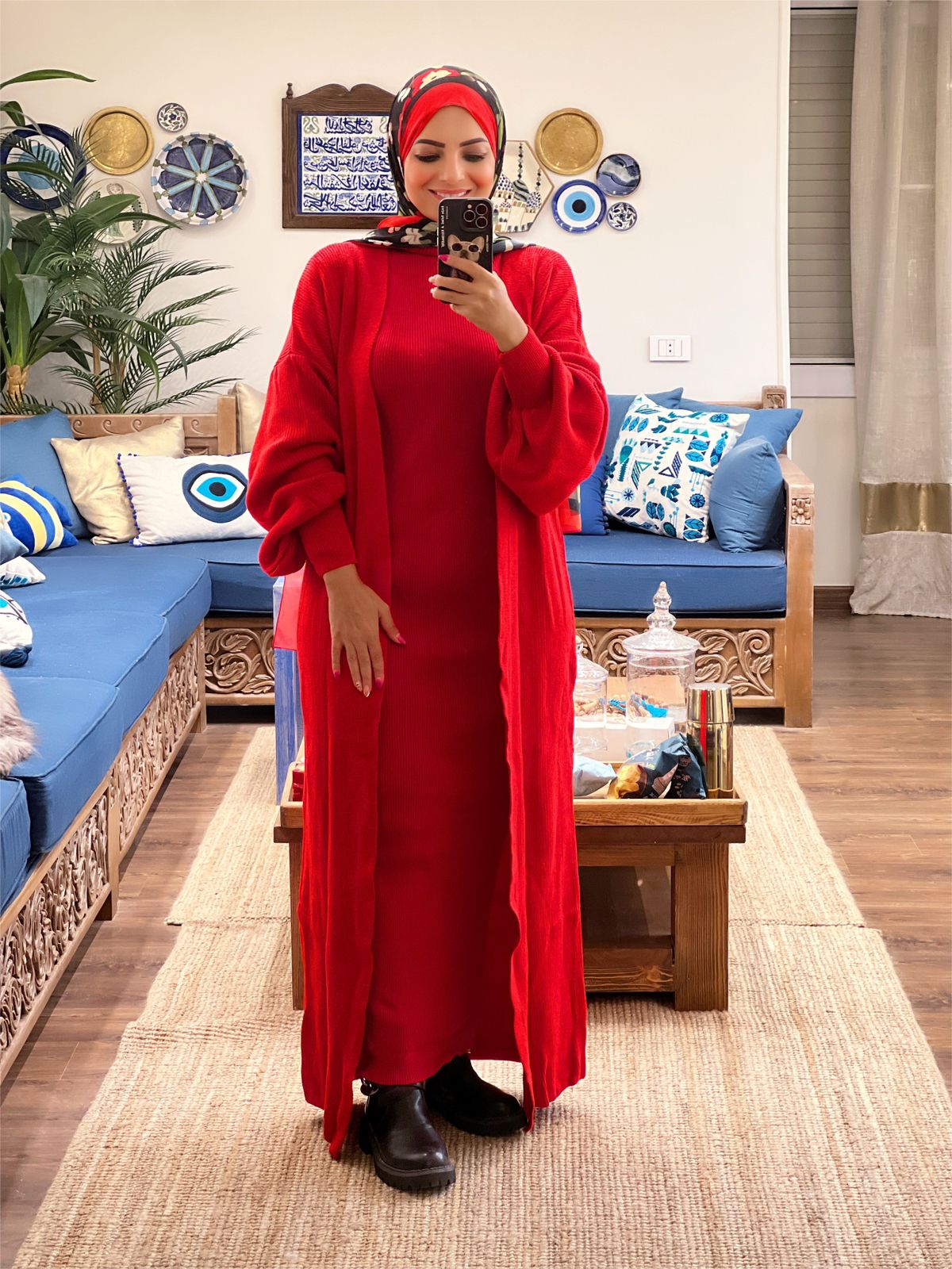 Knitted High-cool Plain Basic Dress - Red