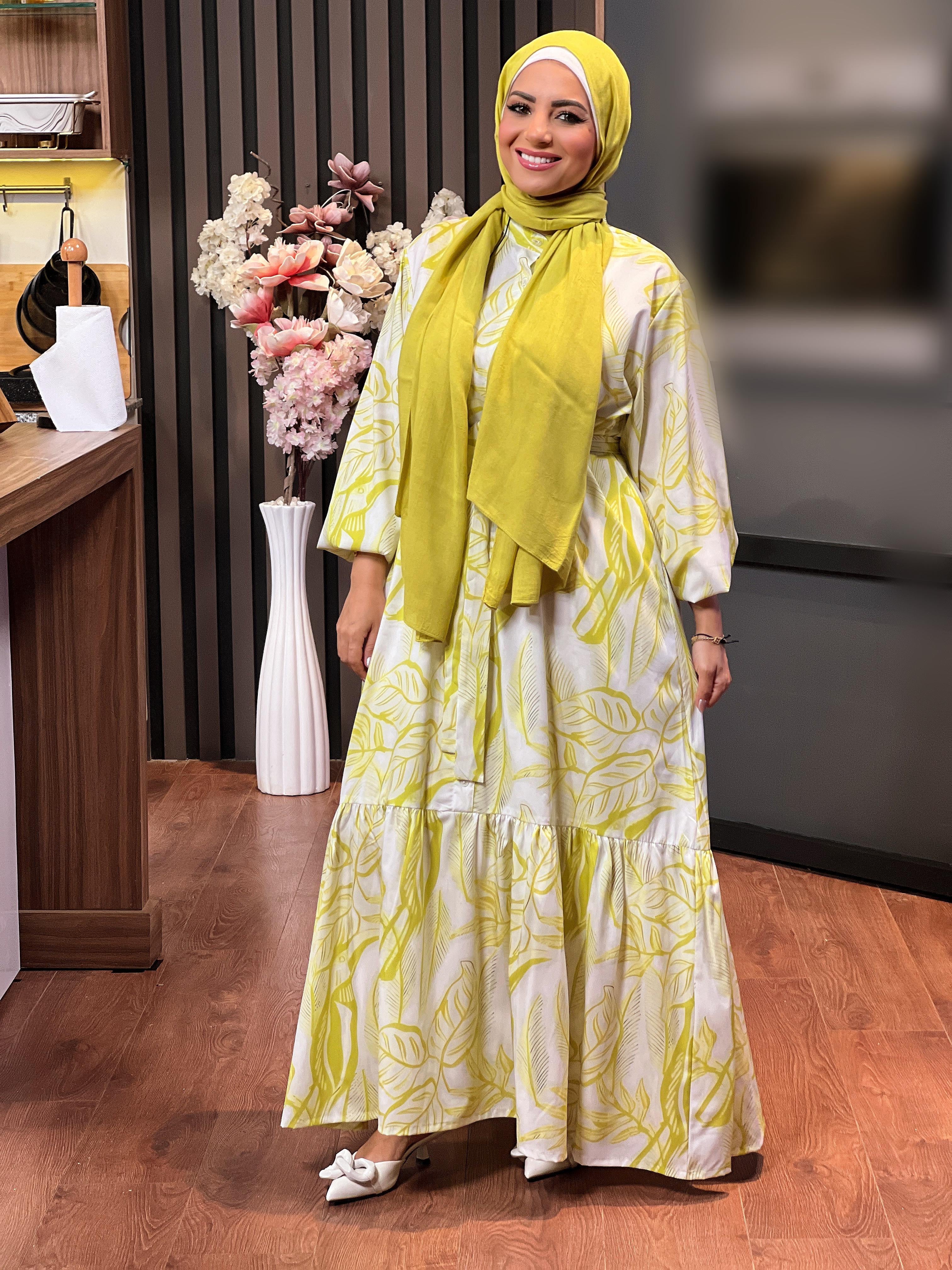 Soft Printed Dress With Long Sleeves - Lime &  White