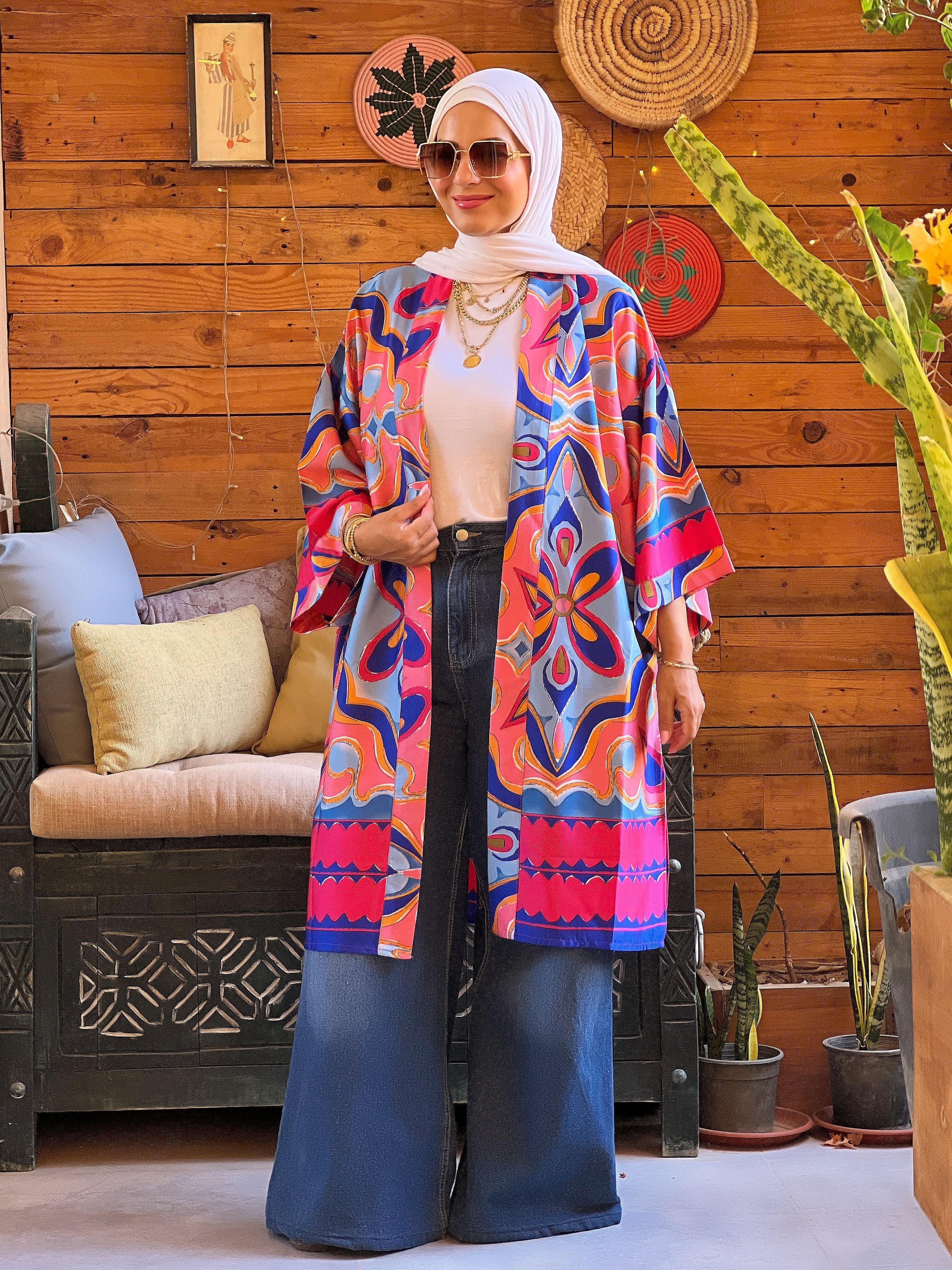 Flower kimono - Blue and Fuchsia 