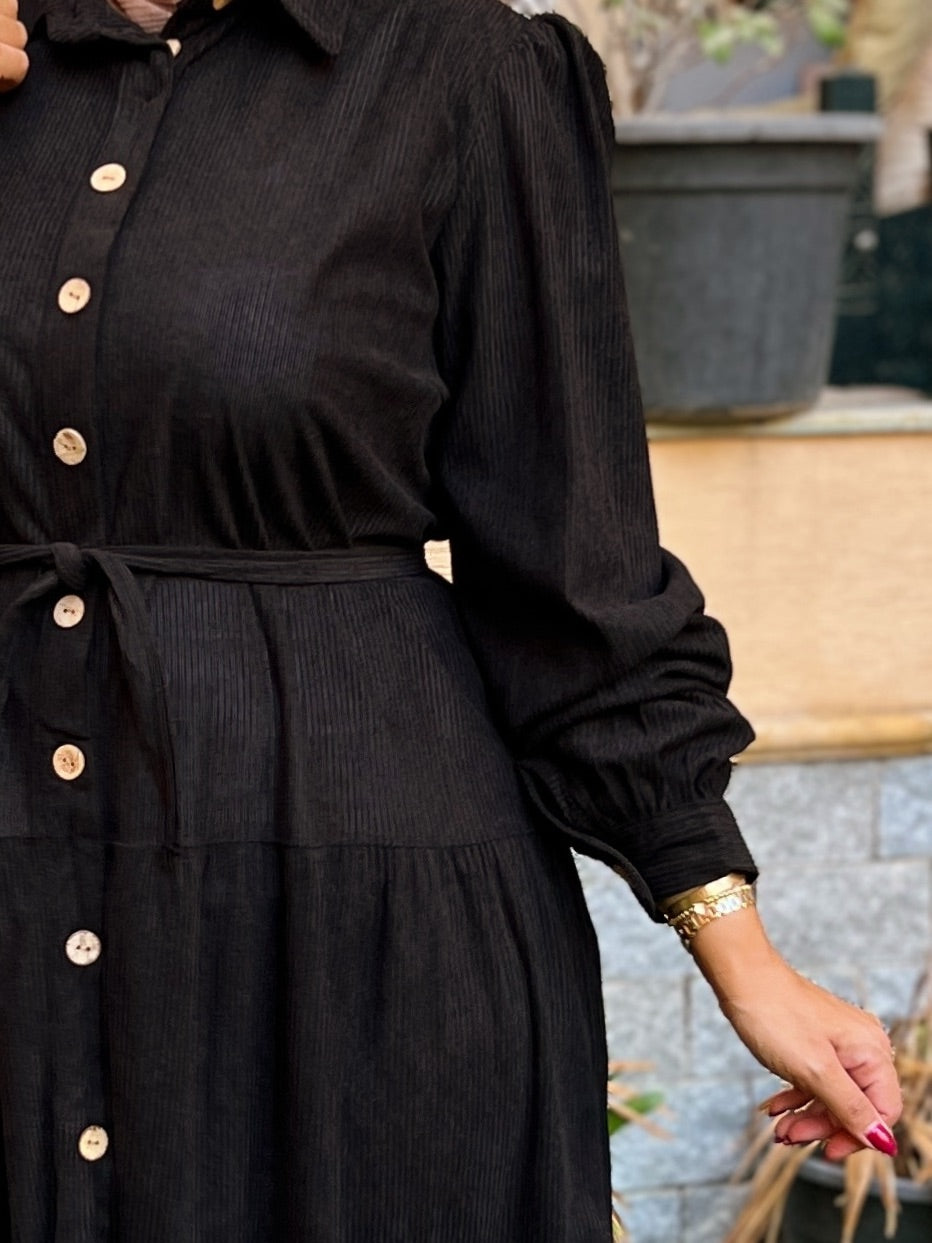 Belted Corduroy Dress Black