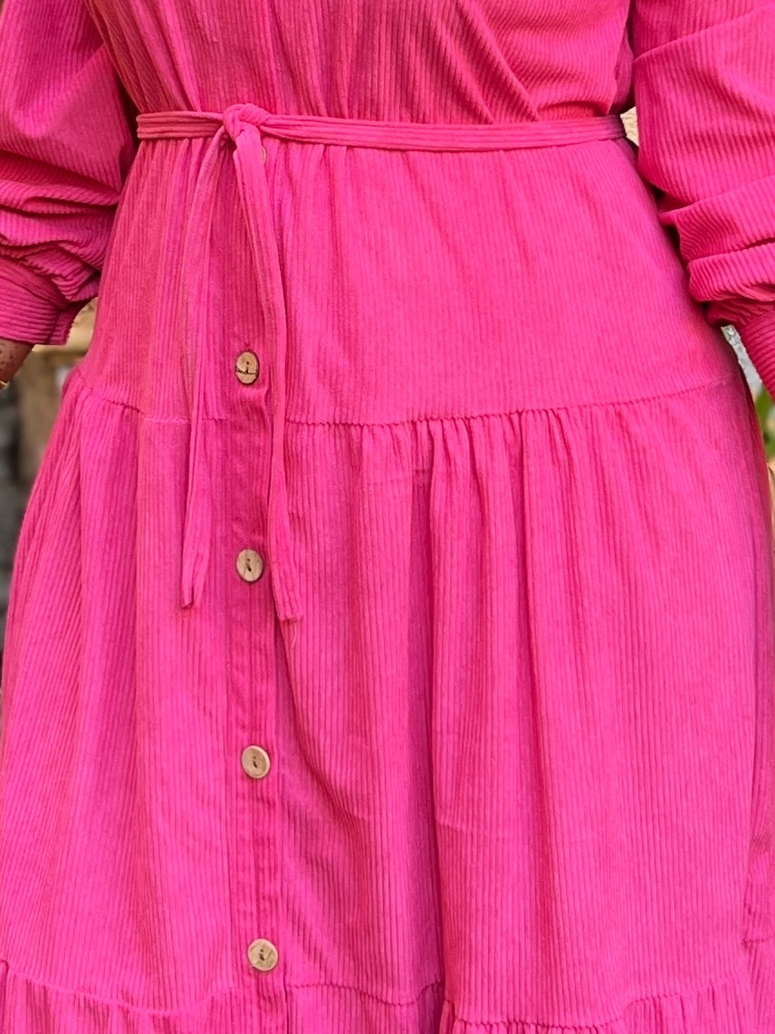 Belted Corduroy Dress Fuchsia