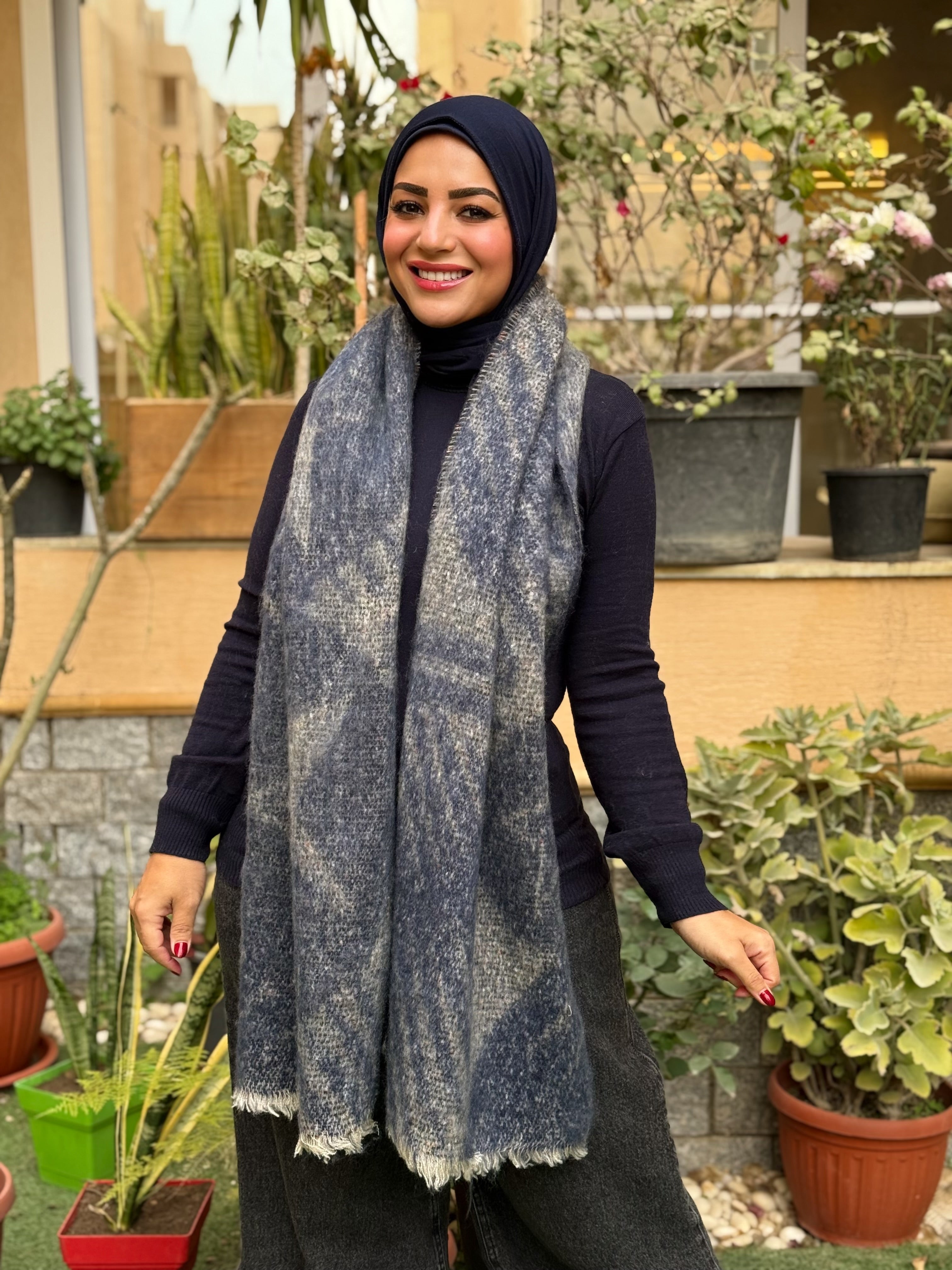 Printed mohair shawl - Darkblue & Gray