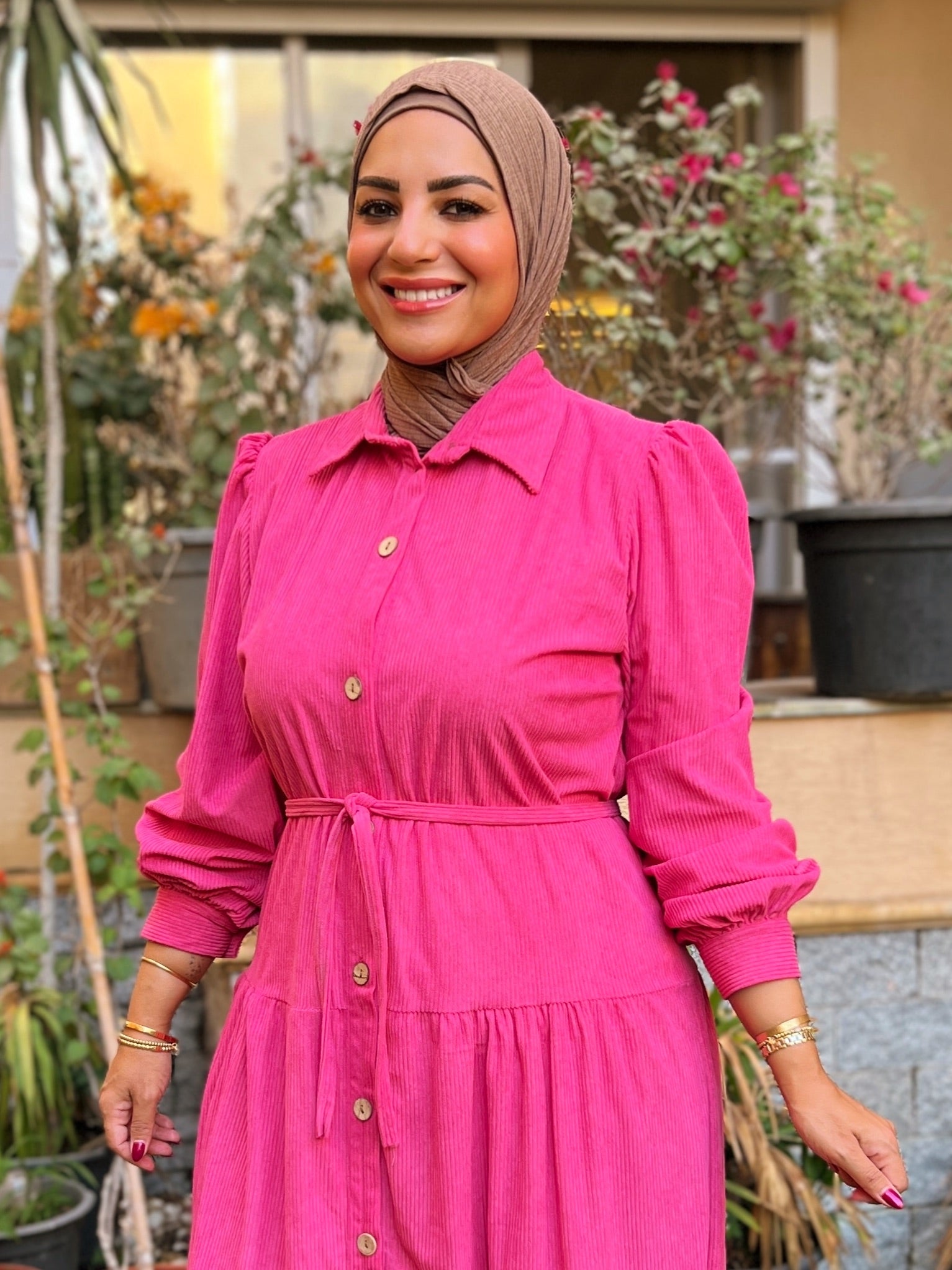 Belted Corduroy Dress Fuchsia