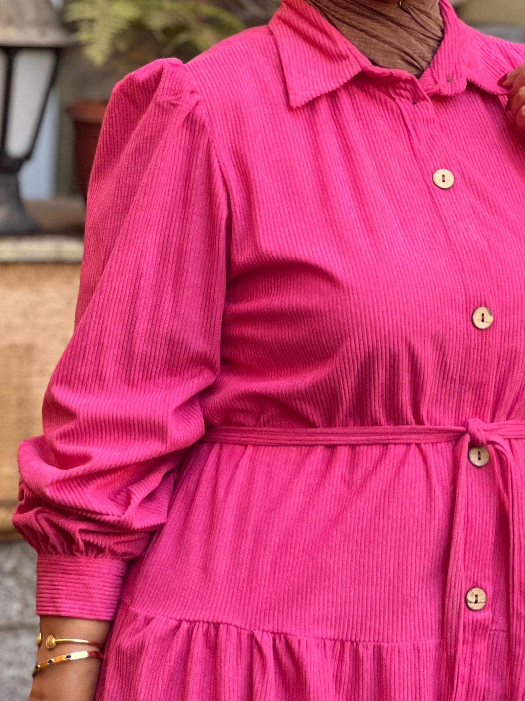 Belted Corduroy Dress Fuchsia