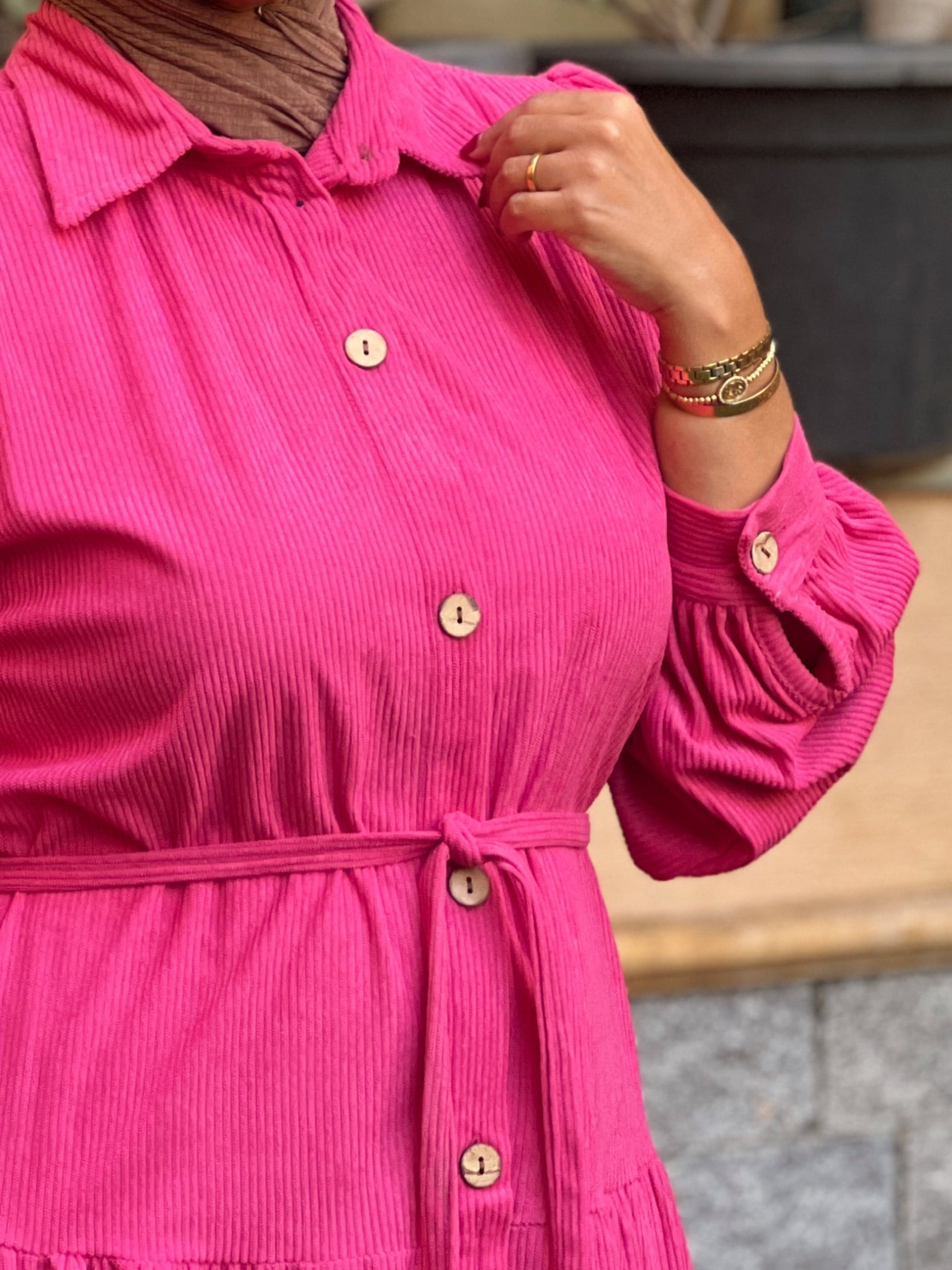 Belted Corduroy Dress Fuchsia