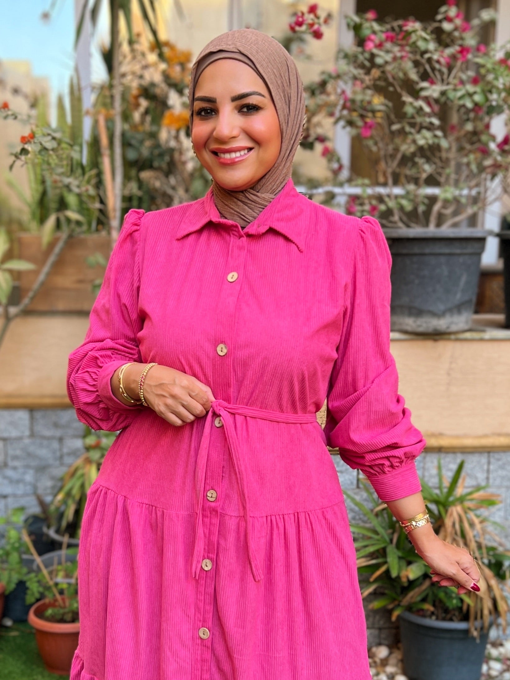 Belted Corduroy Dress Fuchsia