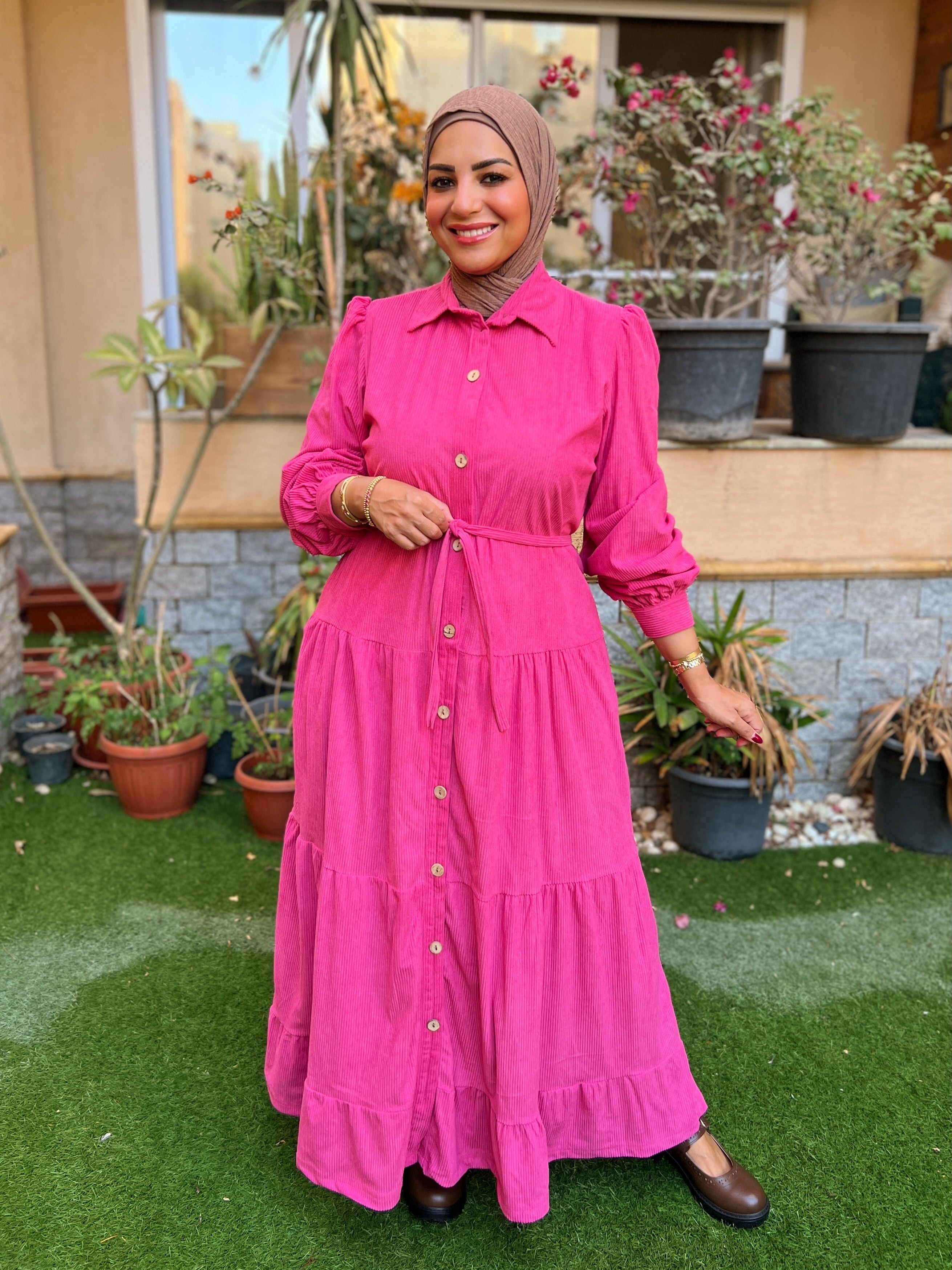 Belted Corduroy Dress Fuchsia