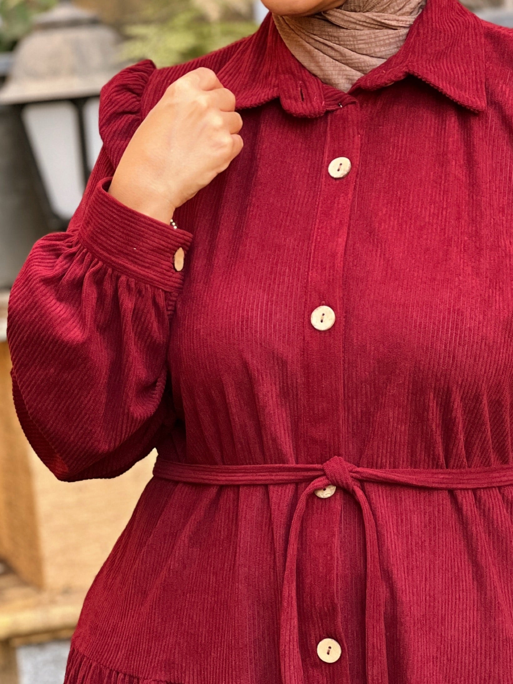 Belted Corduroy Dress Burgundy
