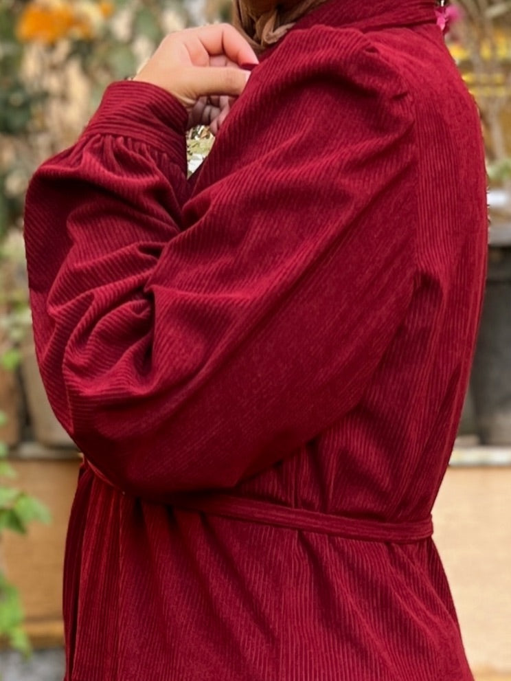 Belted Corduroy Dress Burgundy