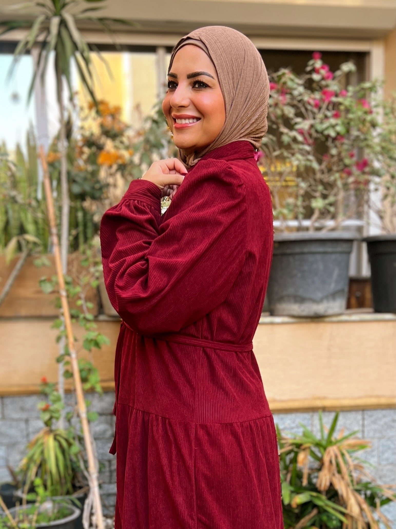 Belted Corduroy Dress Burgundy