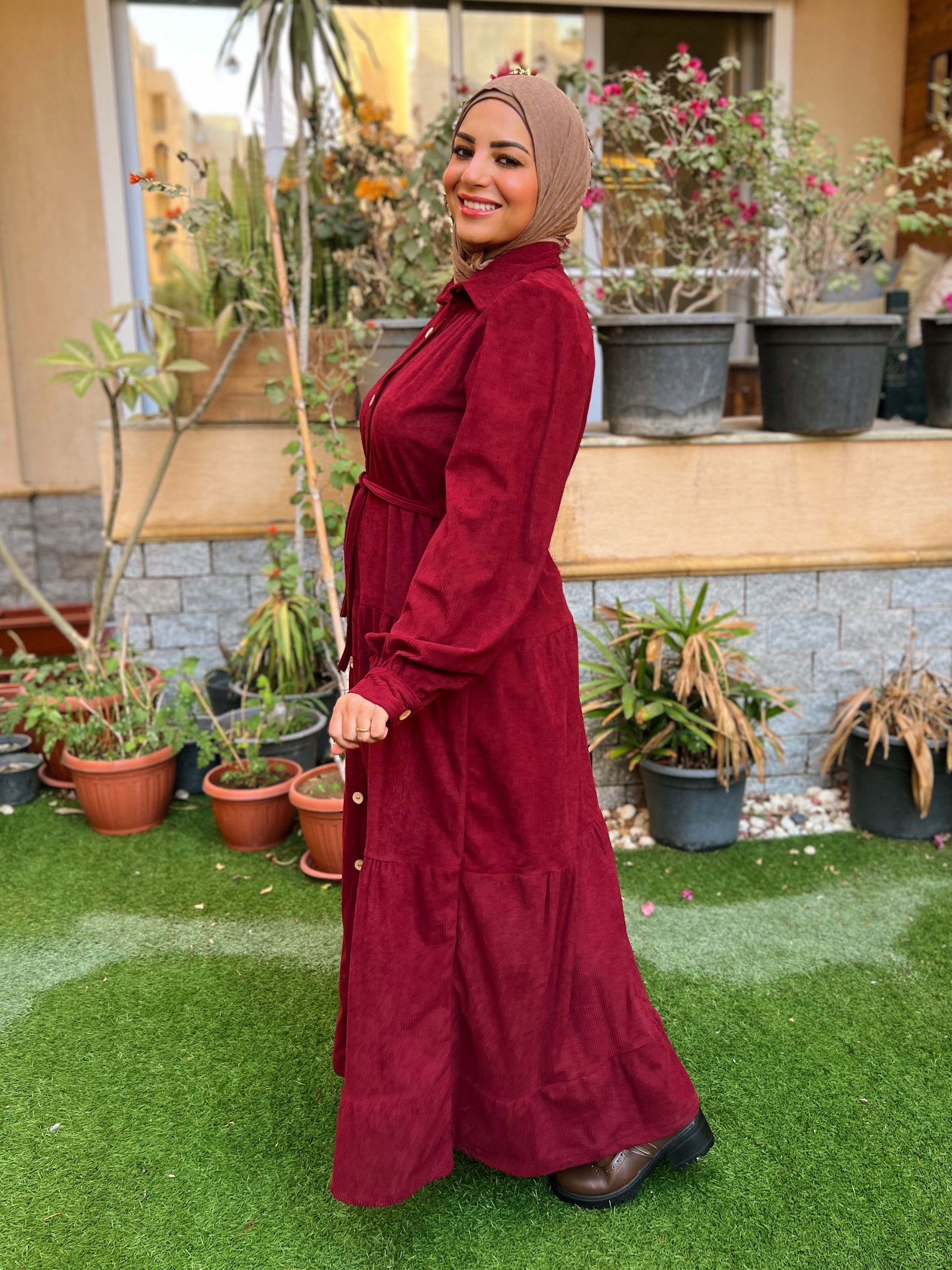 Belted Corduroy Dress Burgundy