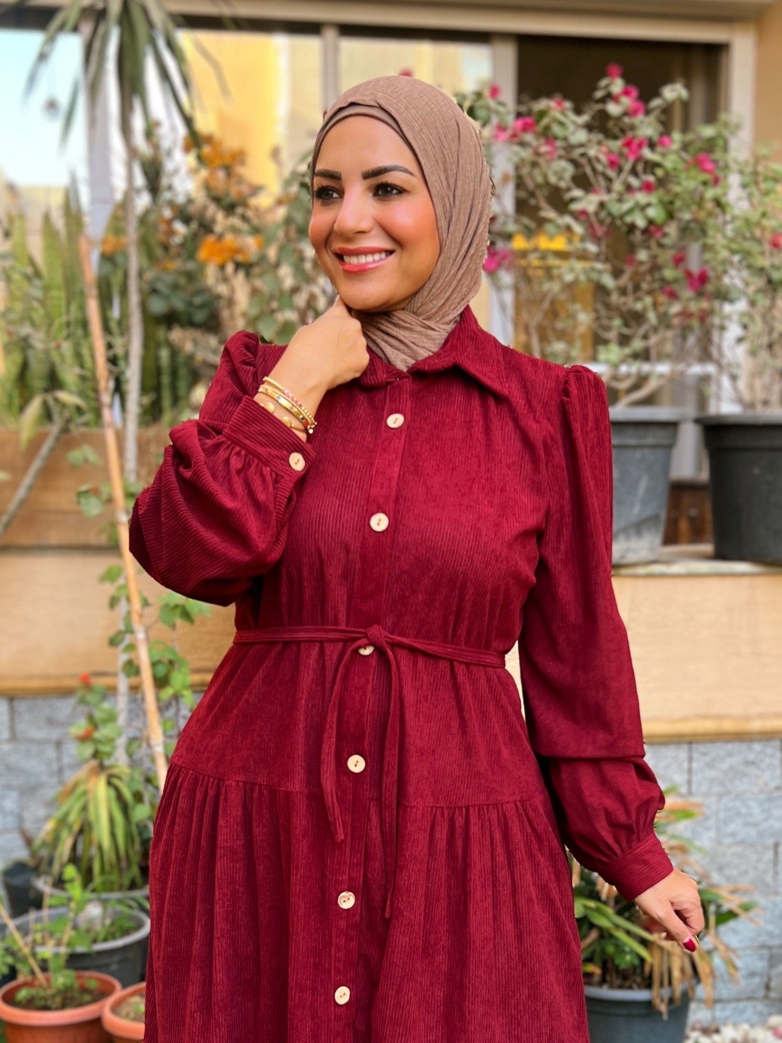 Belted Corduroy Dress Burgundy