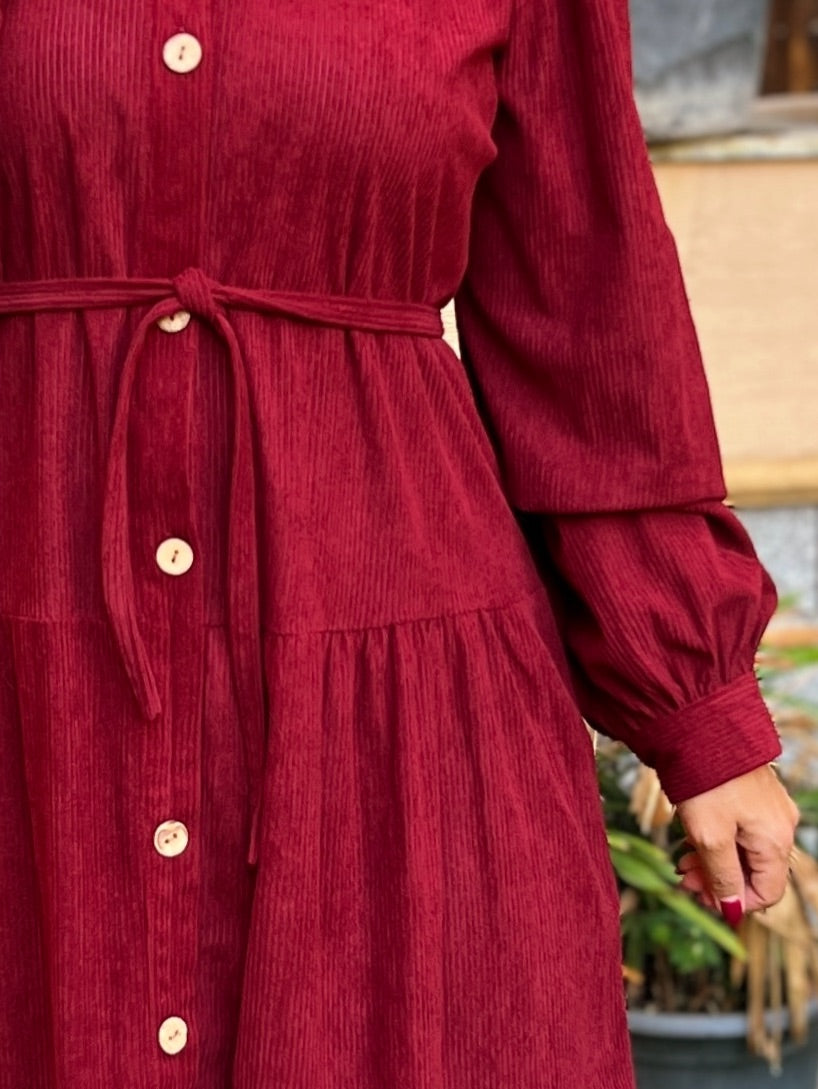 Belted Corduroy Dress Burgundy