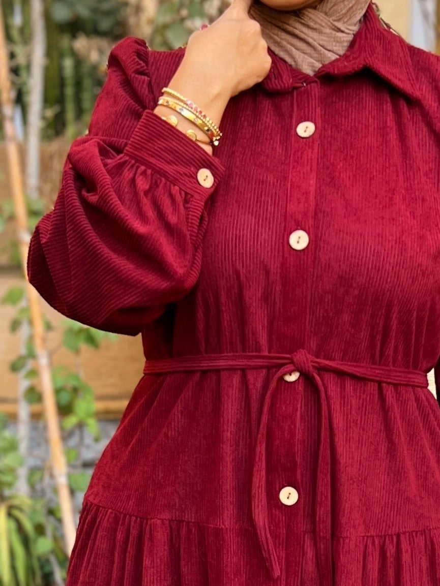 Belted Corduroy Dress Burgundy