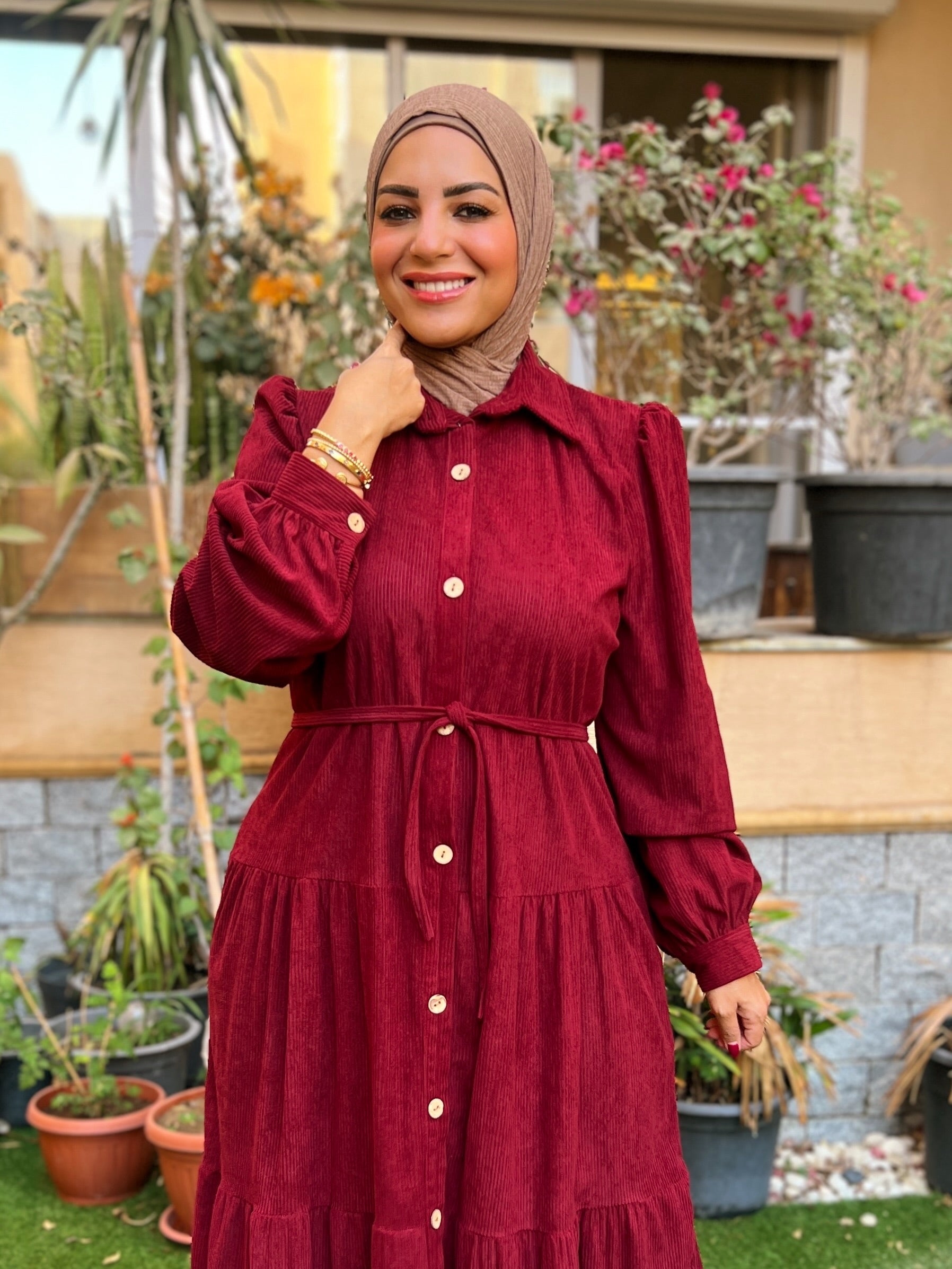 Belted Corduroy Dress Burgundy