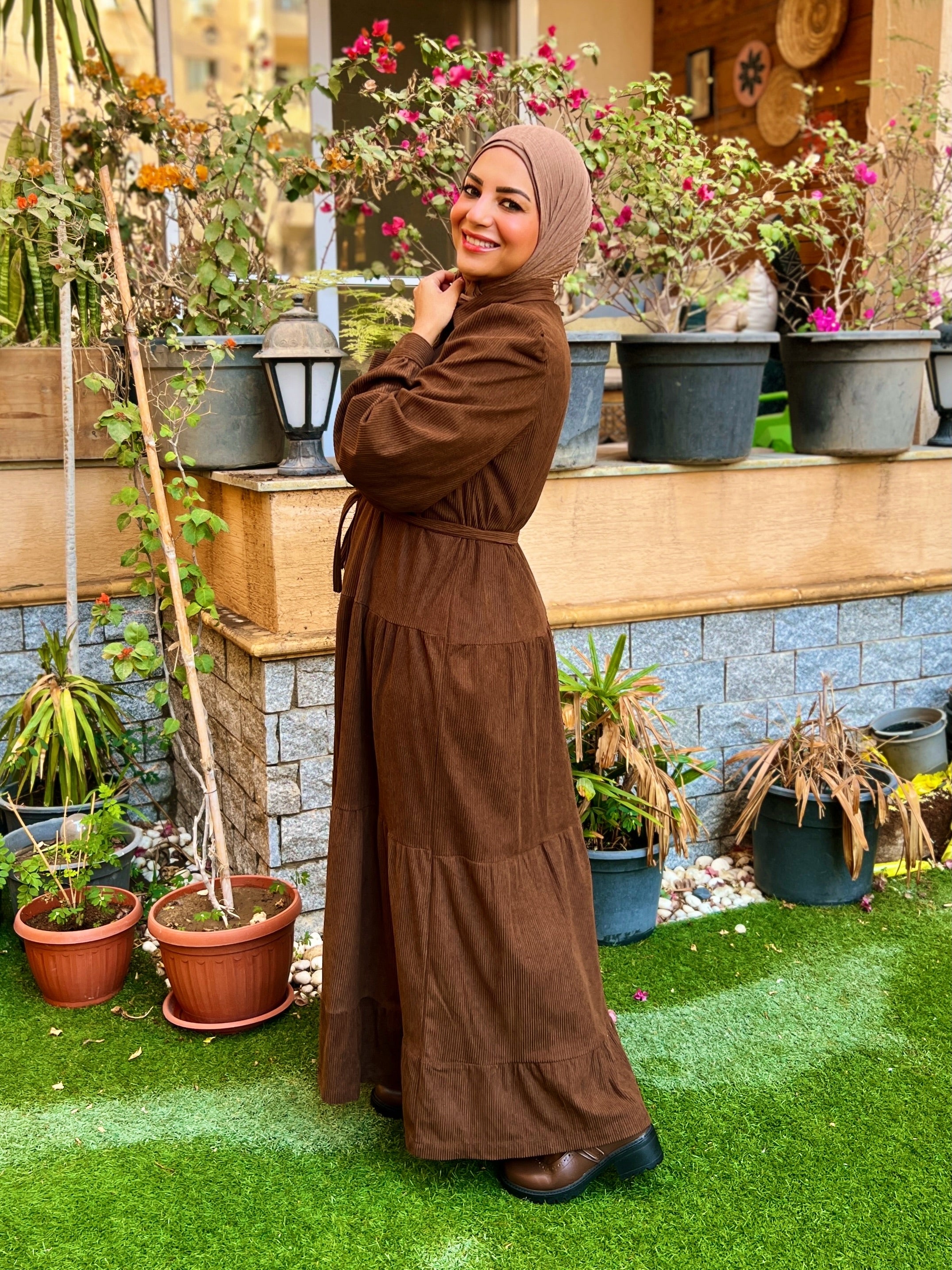 Belted Corduroy Dress Brown