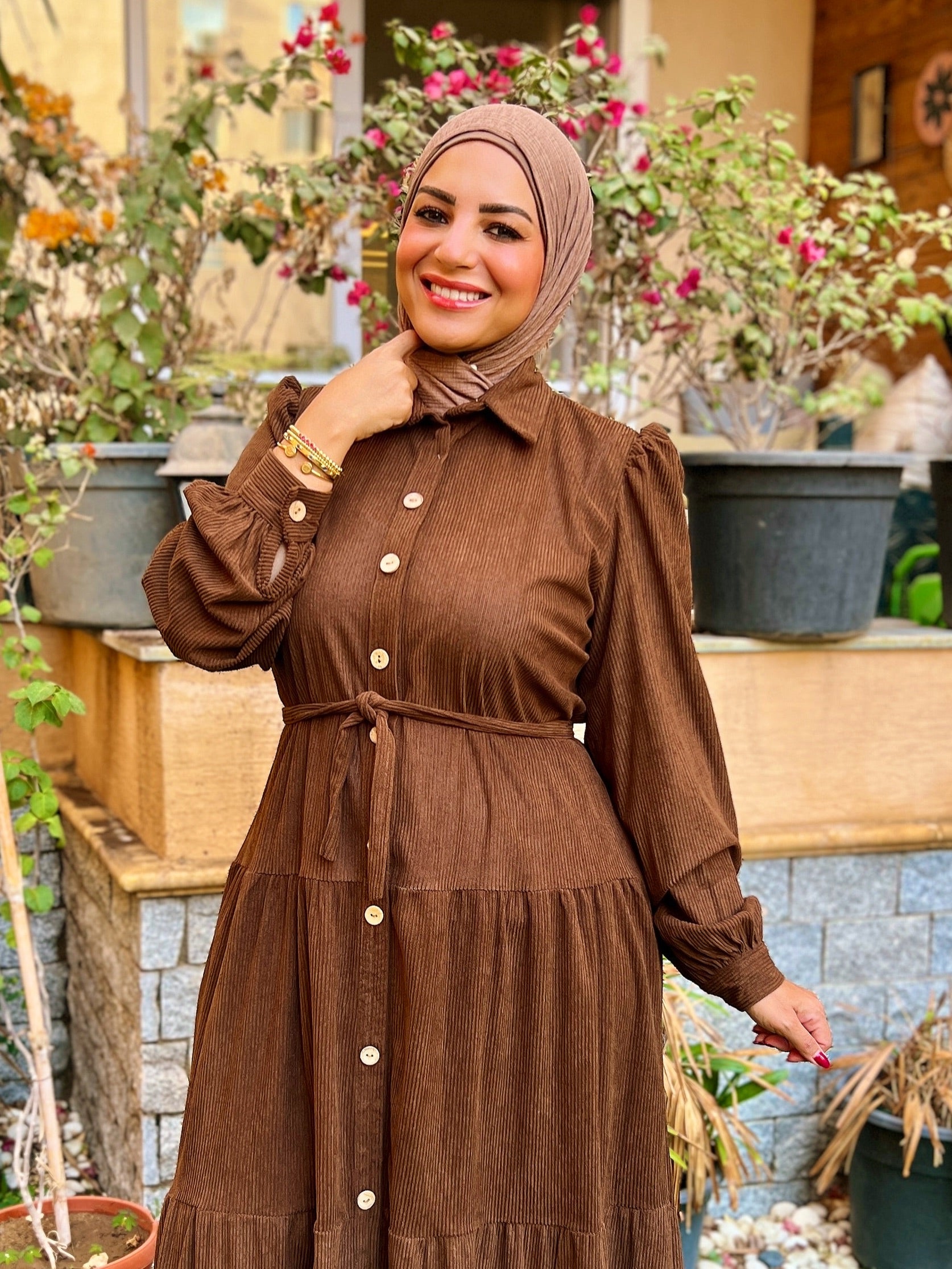Belted Corduroy Dress Brown
