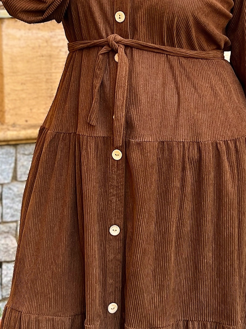 Belted Corduroy Dress Brown