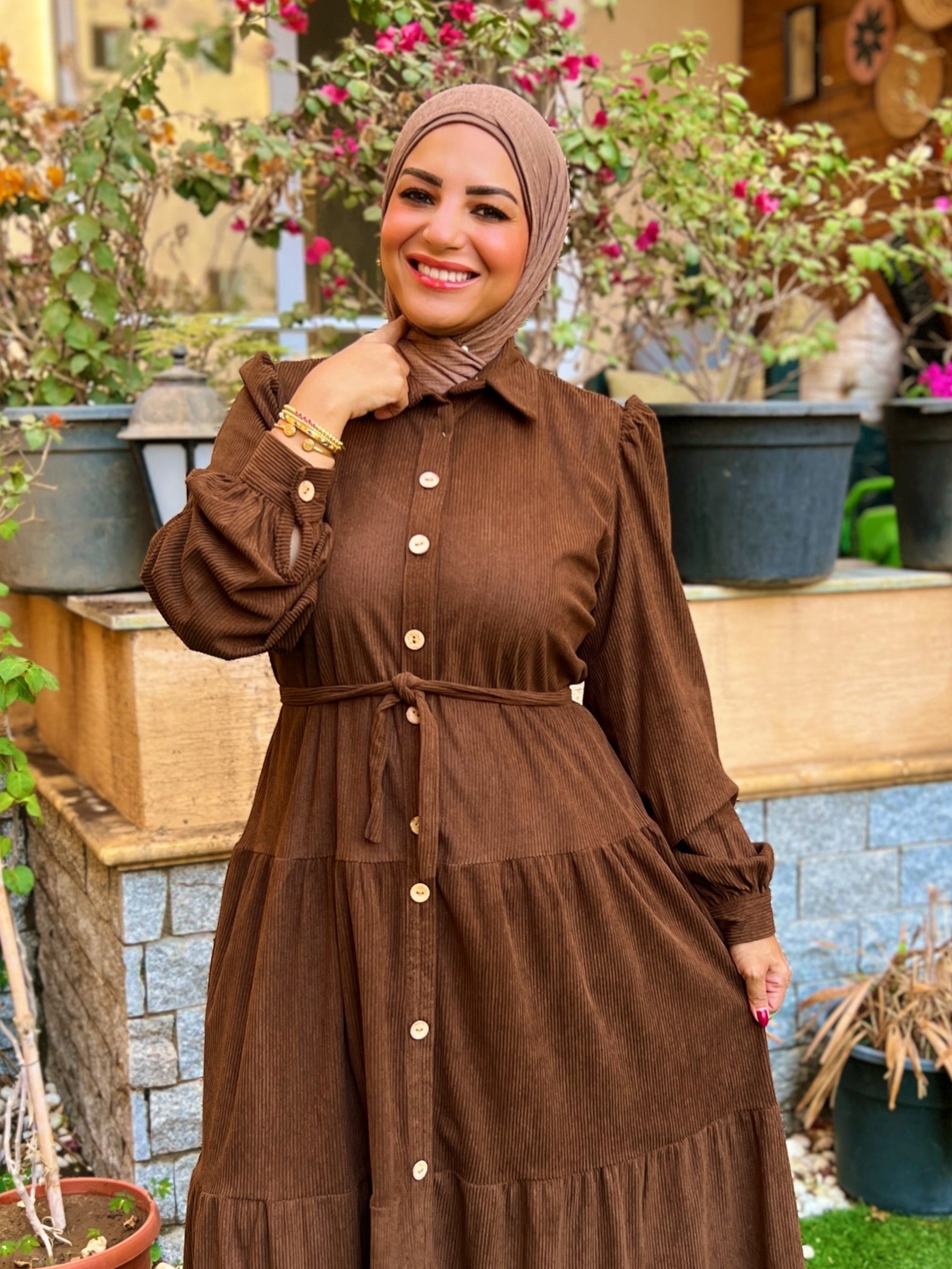 Belted Corduroy Dress Brown
