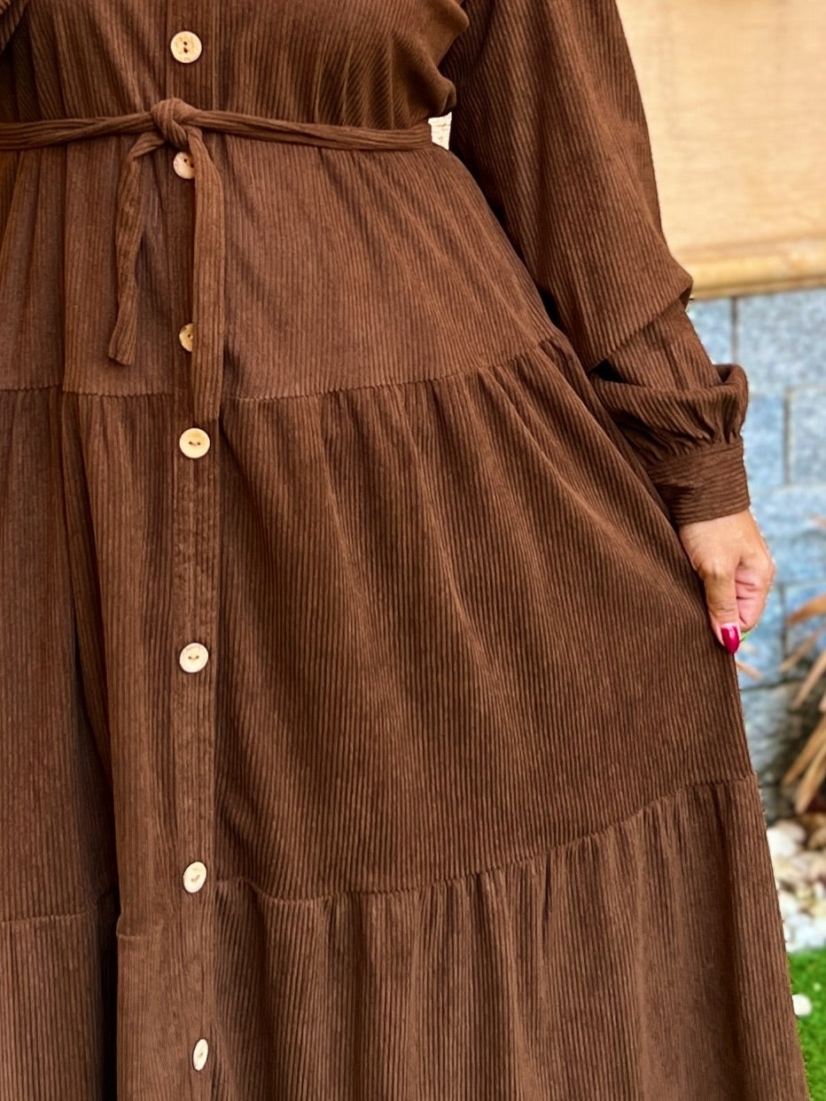 Belted Corduroy Dress Brown