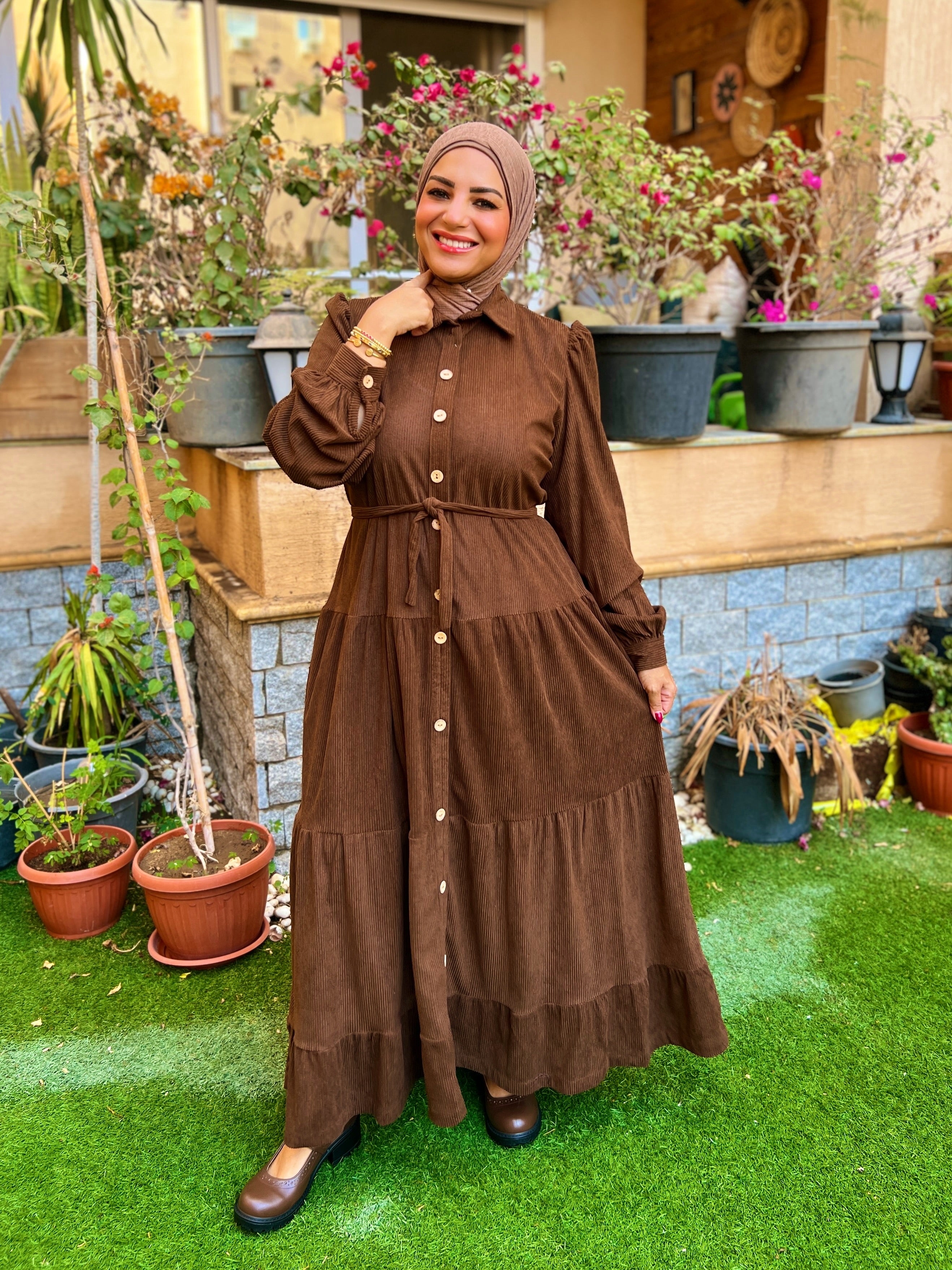 Belted Corduroy Dress Brown