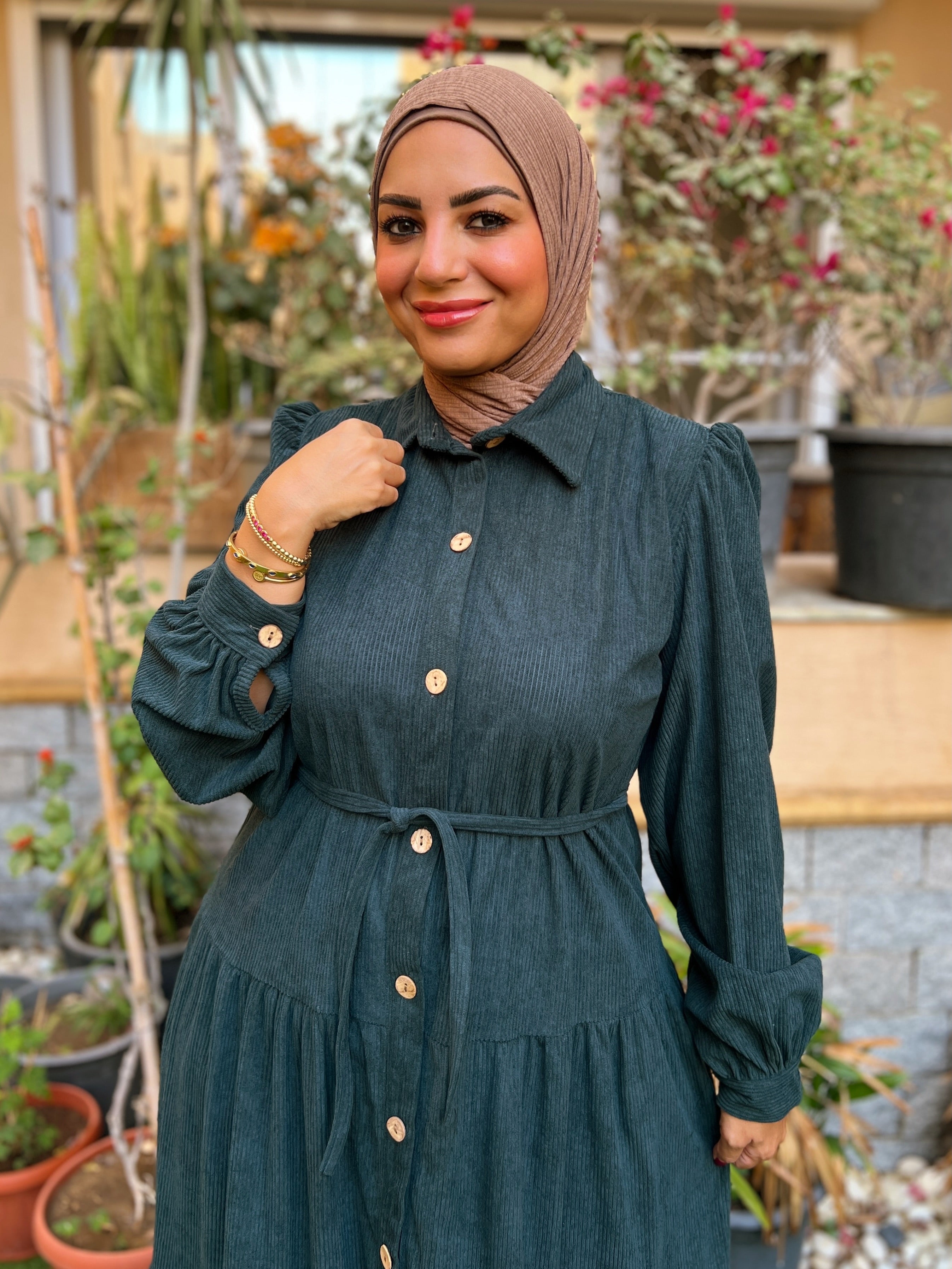 Belted Corduroy Dress Petrol Green