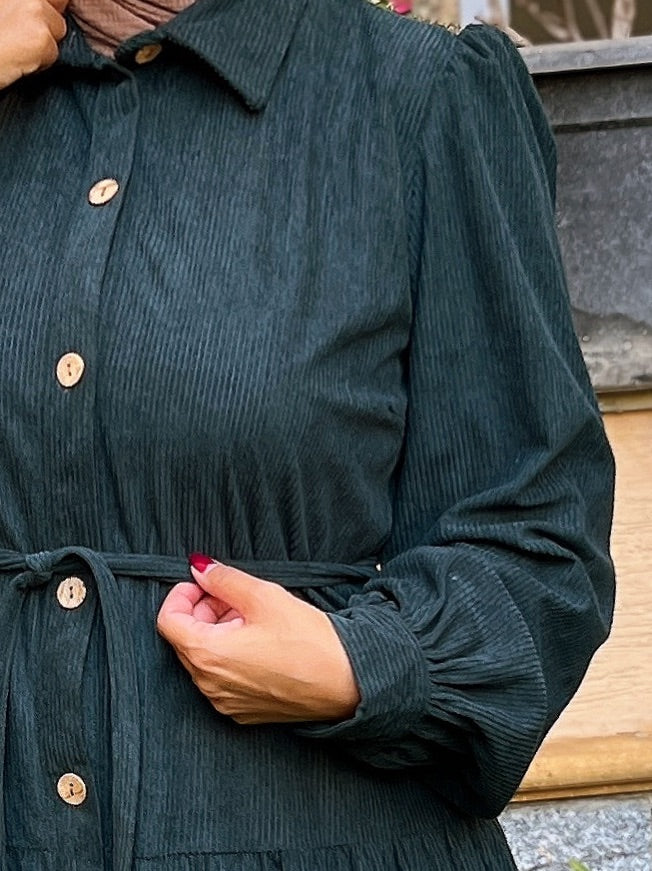 Belted Corduroy Dress Petrol Green