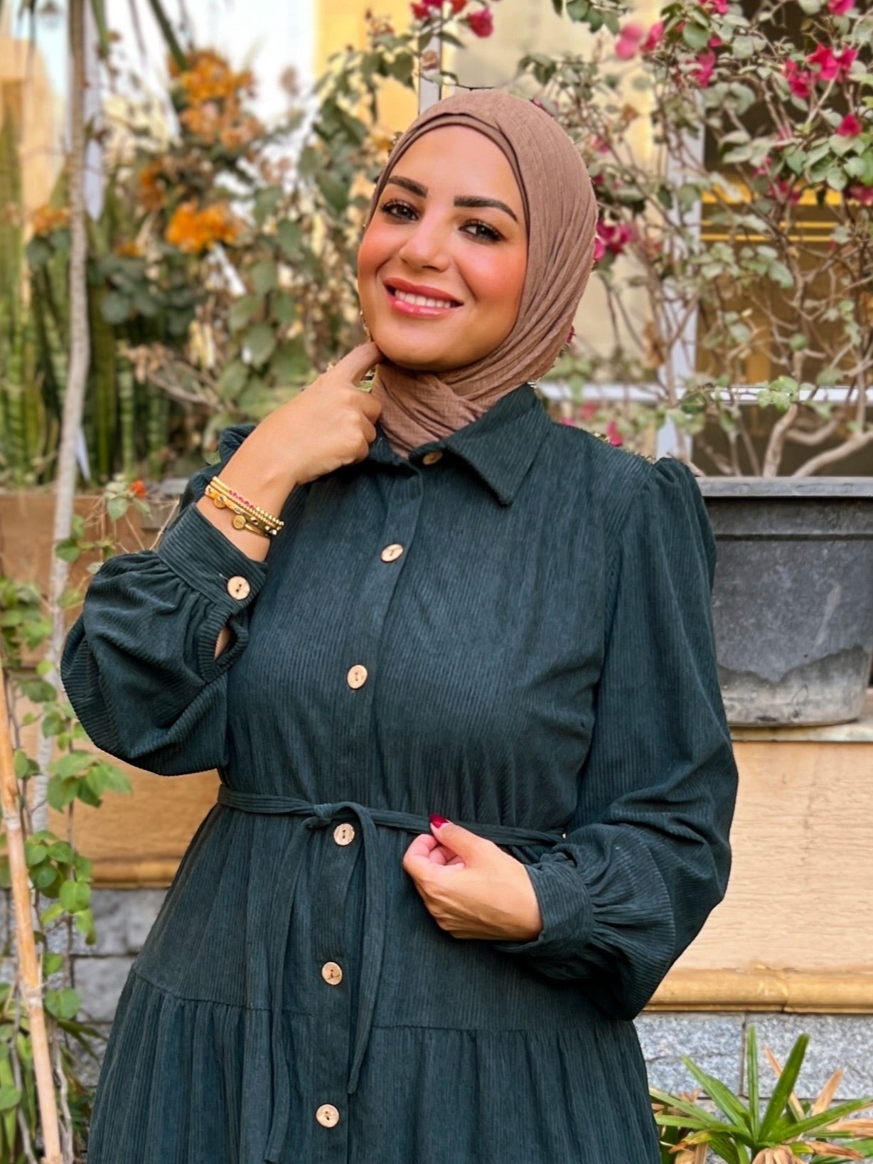 Belted Corduroy Dress Petrol Green