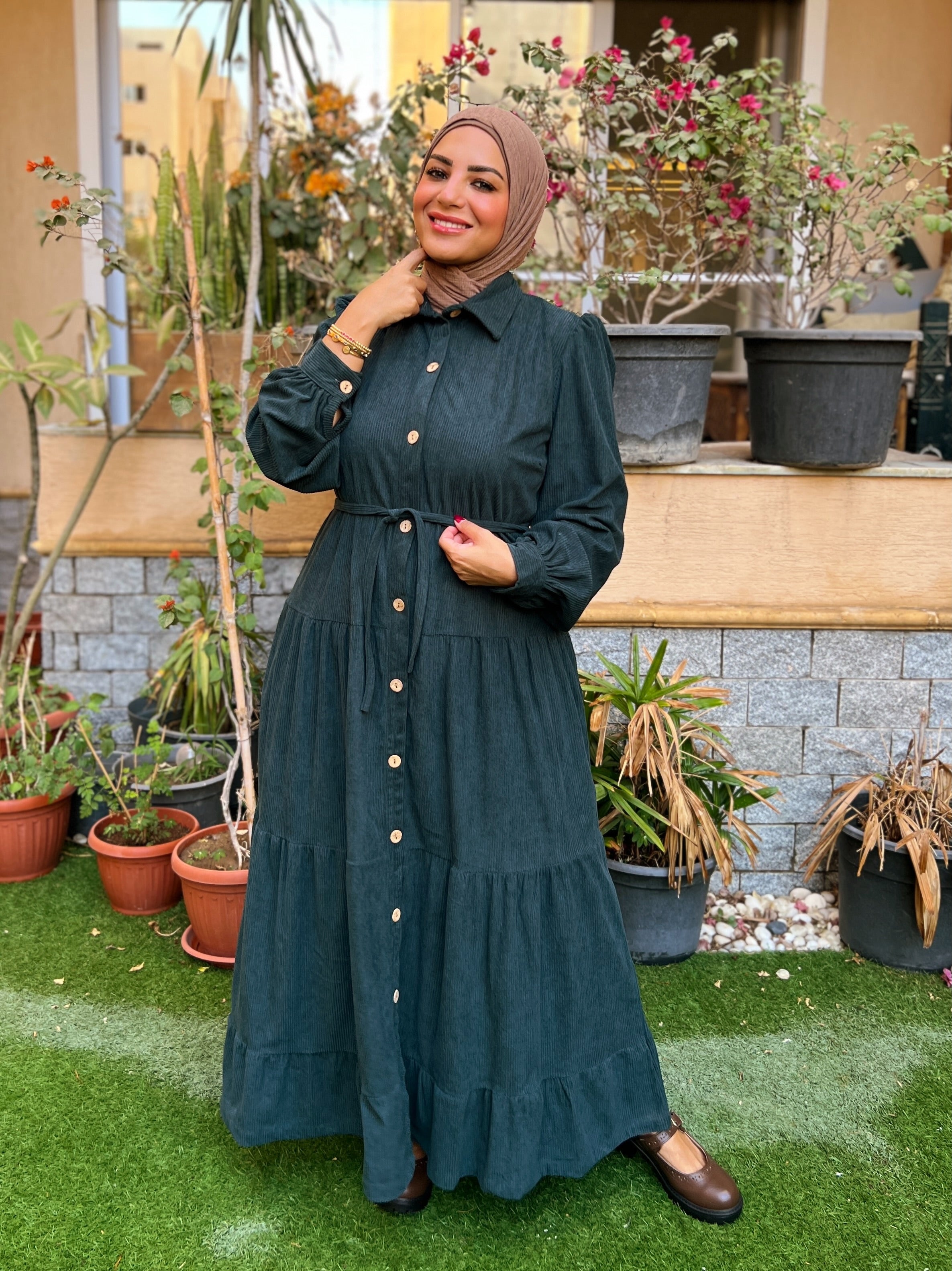 Belted Corduroy Dress Petrol Green