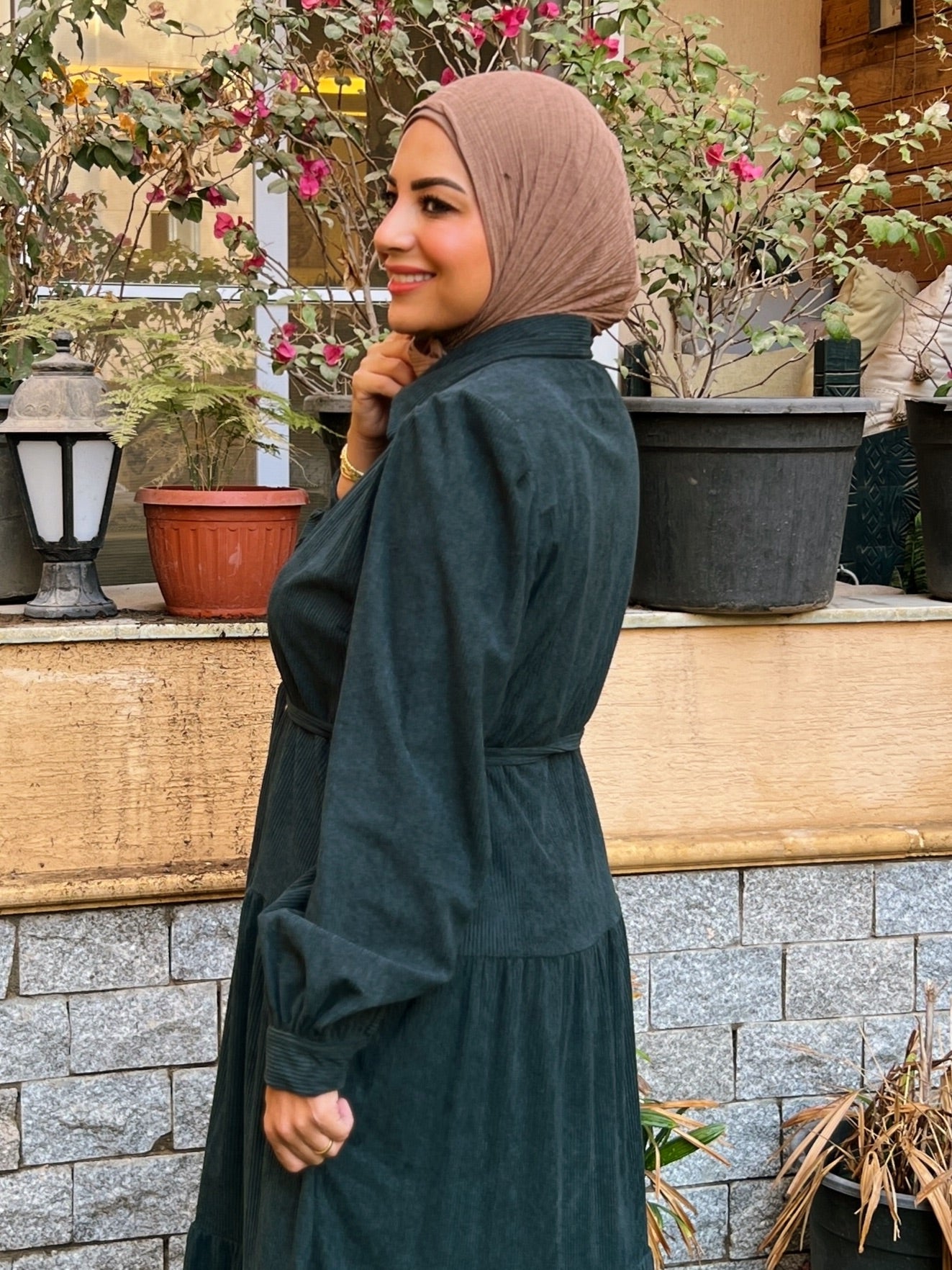Belted Corduroy Dress Petrol Green