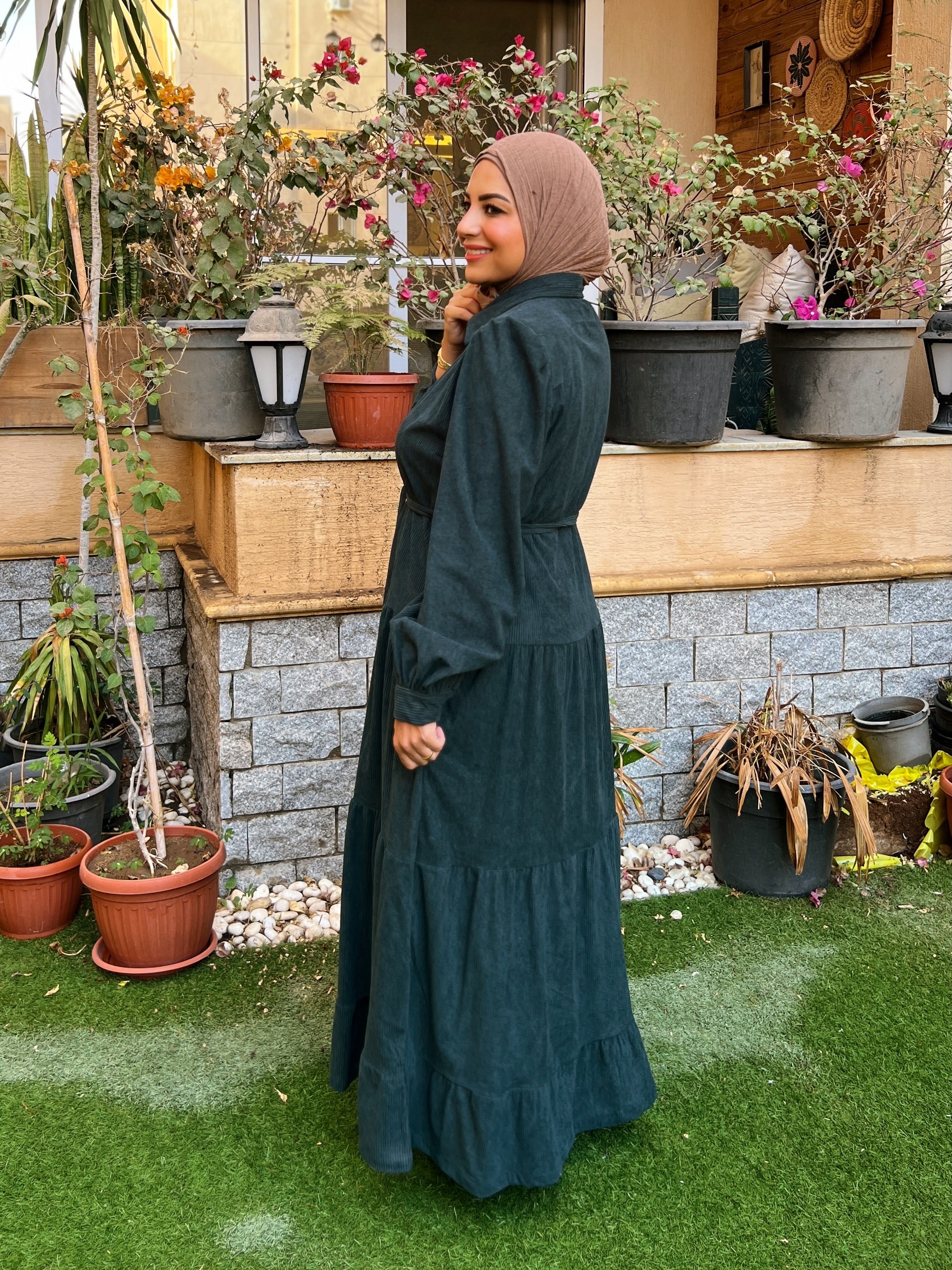 Belted Corduroy Dress Petrol Green