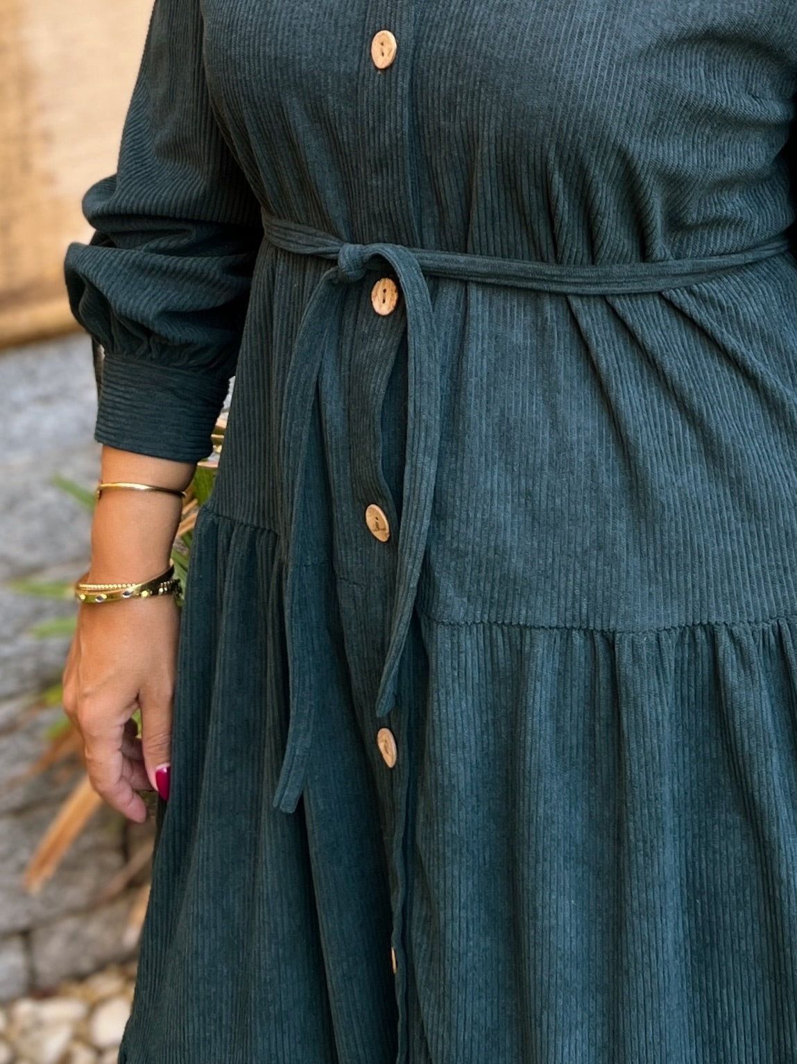Belted Corduroy Dress Petrol Green
