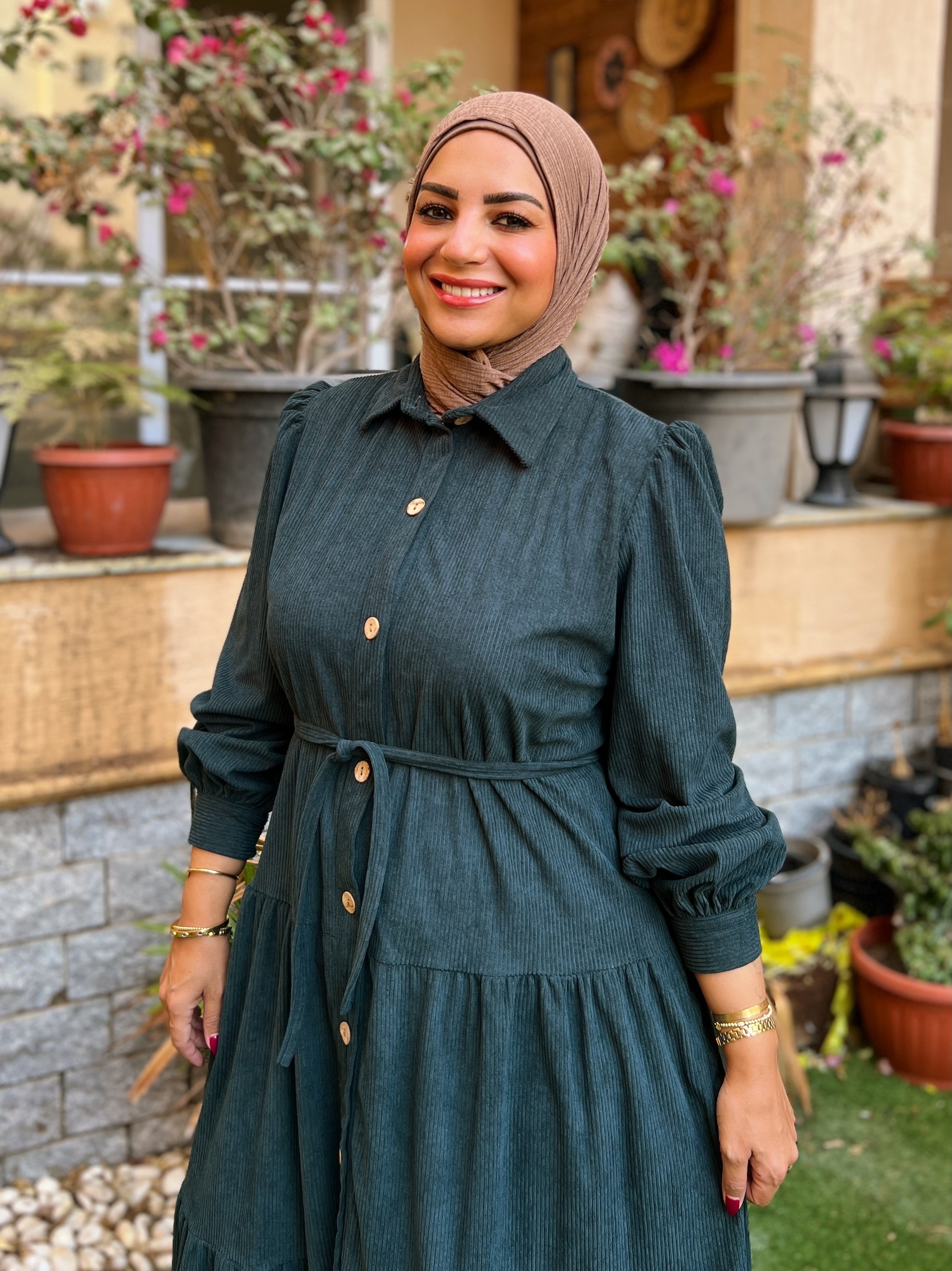Belted Corduroy Dress Petrol Green