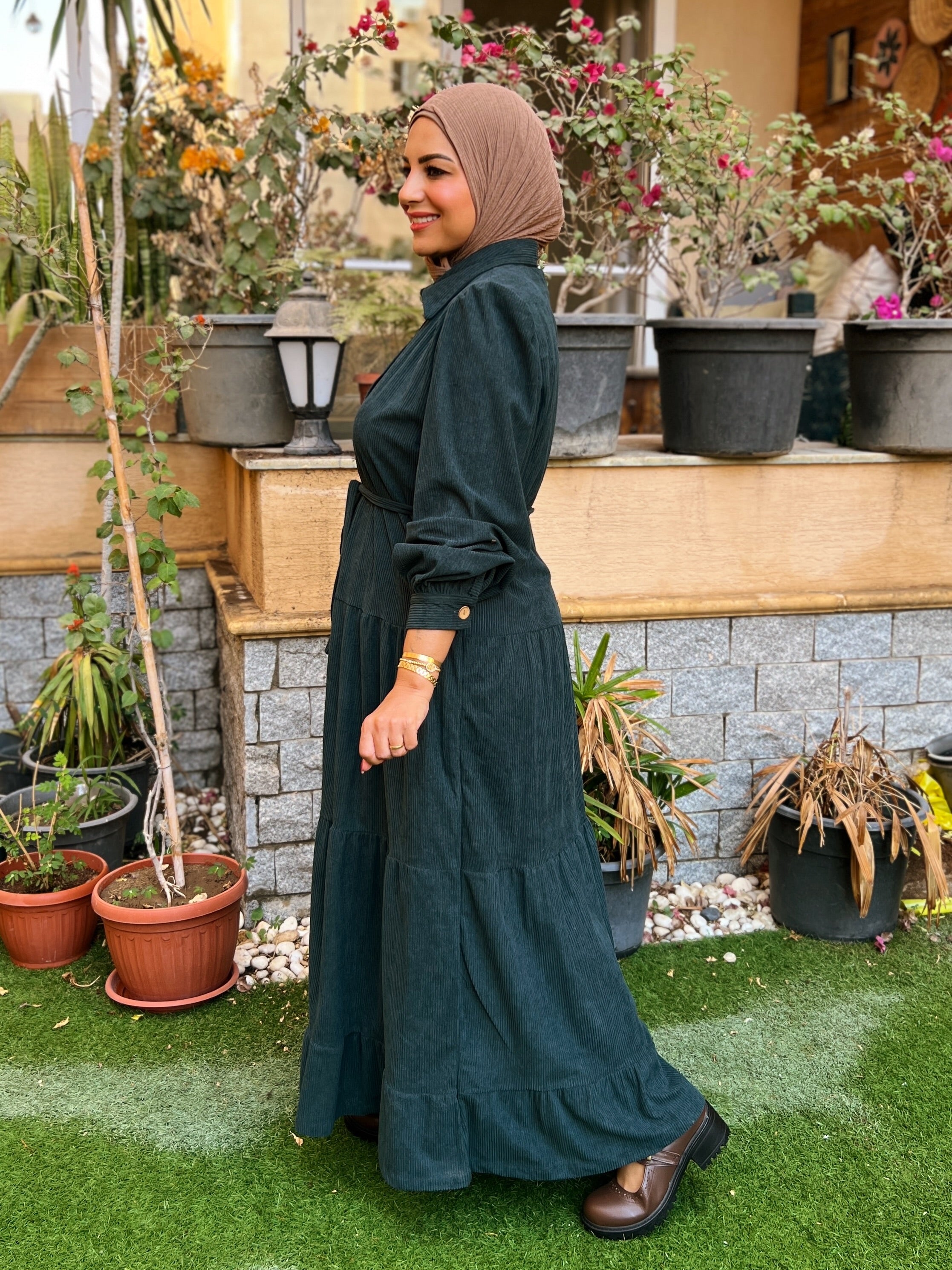 Belted Corduroy Dress Petrol Green