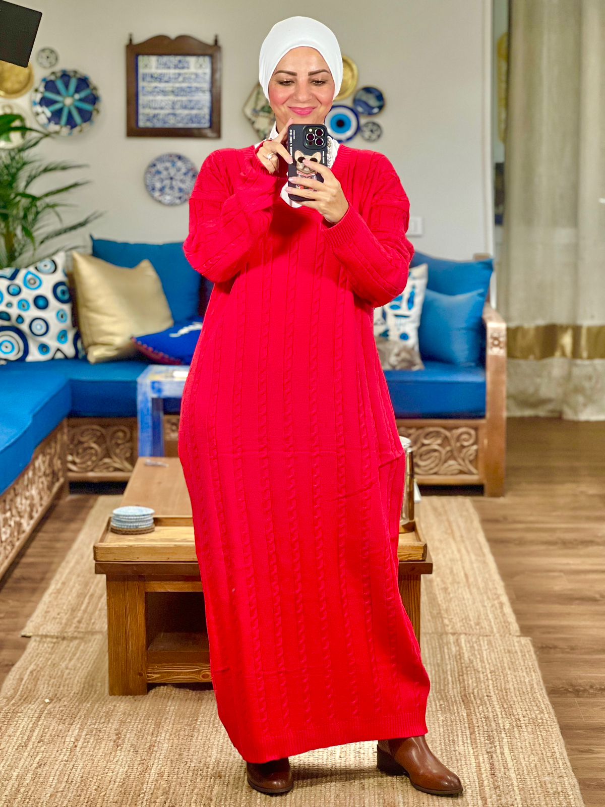 Oversized Knitted V-neck Dress - Red